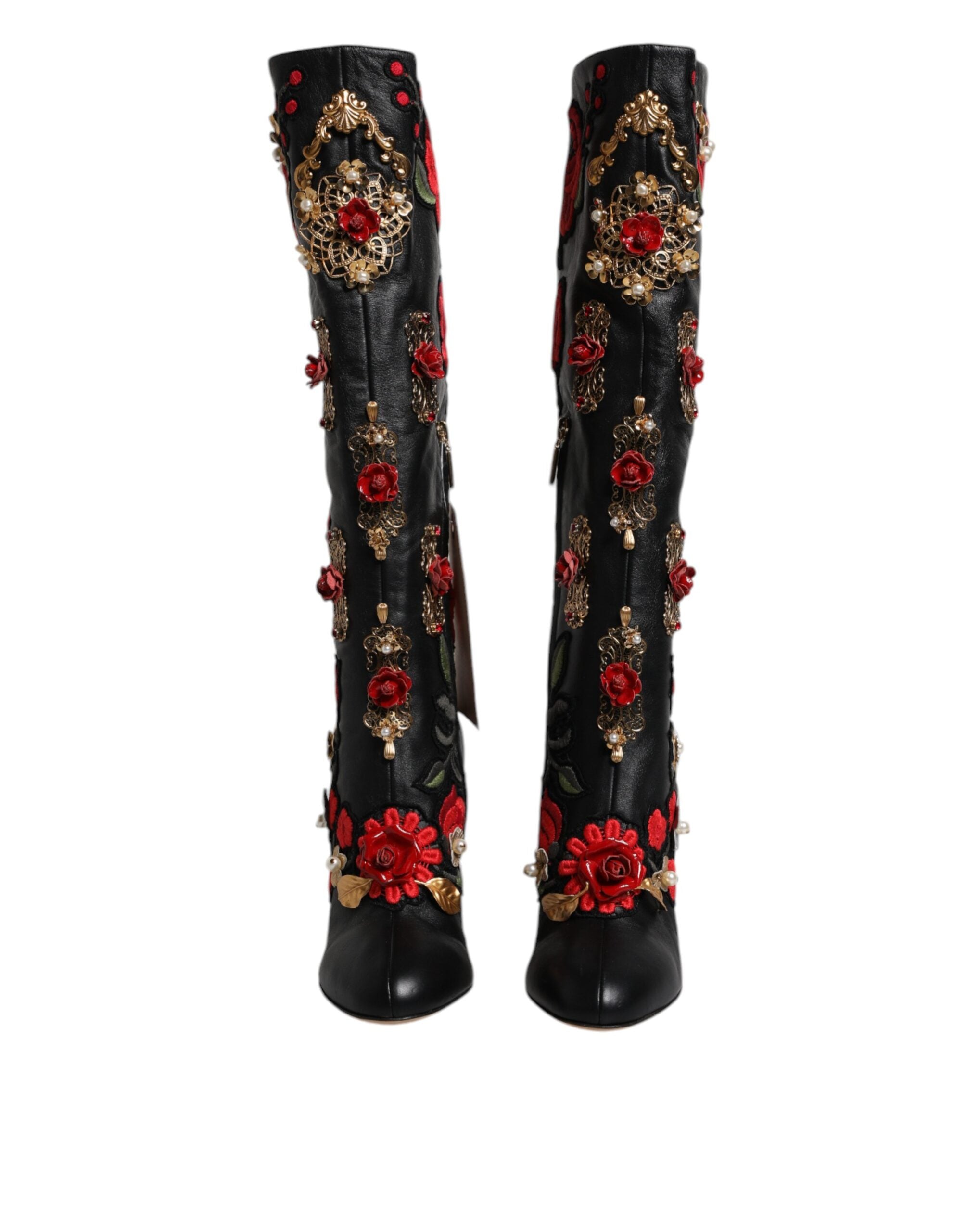 Dolce & Gabbana Black Roses Embellished Leather Heeled Boots Shoes-2