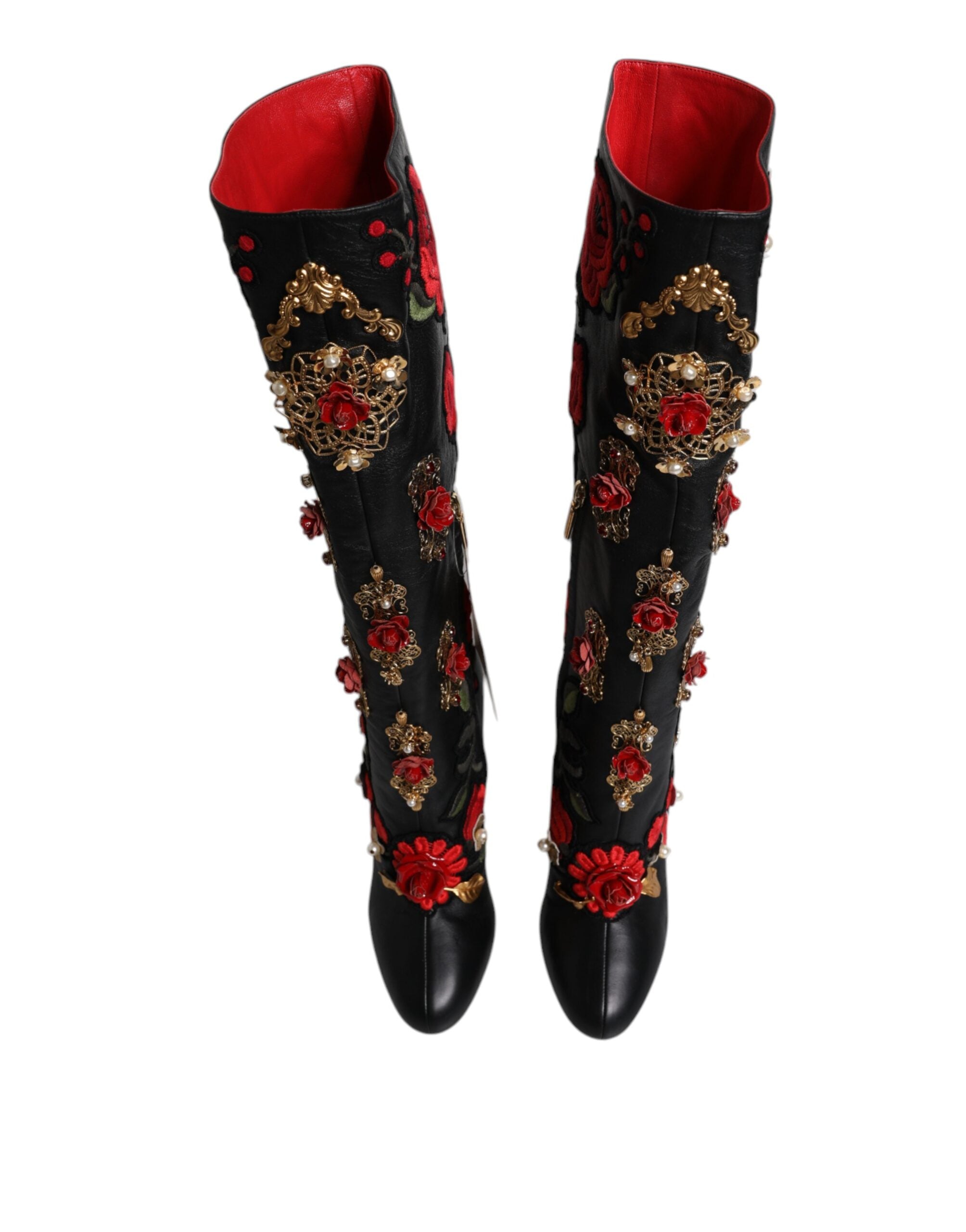 Dolce & Gabbana Black Roses Embellished Leather Heeled Boots Shoes-3