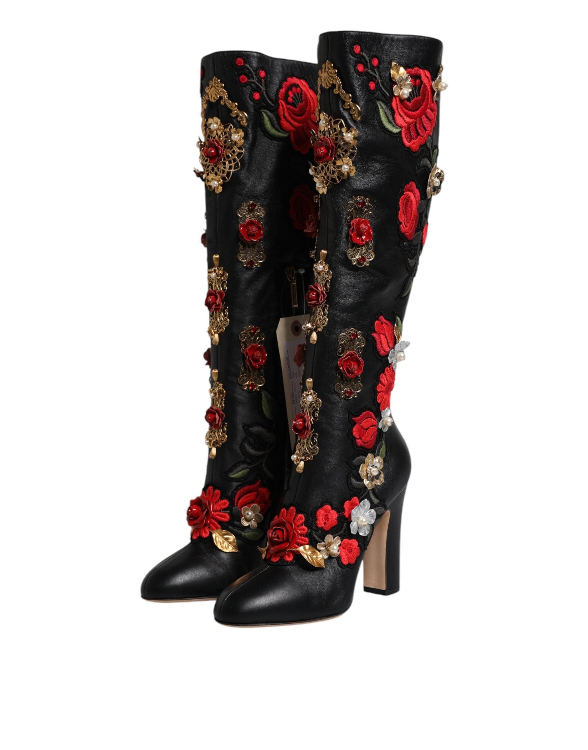 Dolce & Gabbana Black Roses Embellished Leather Heeled Boots Shoes-4