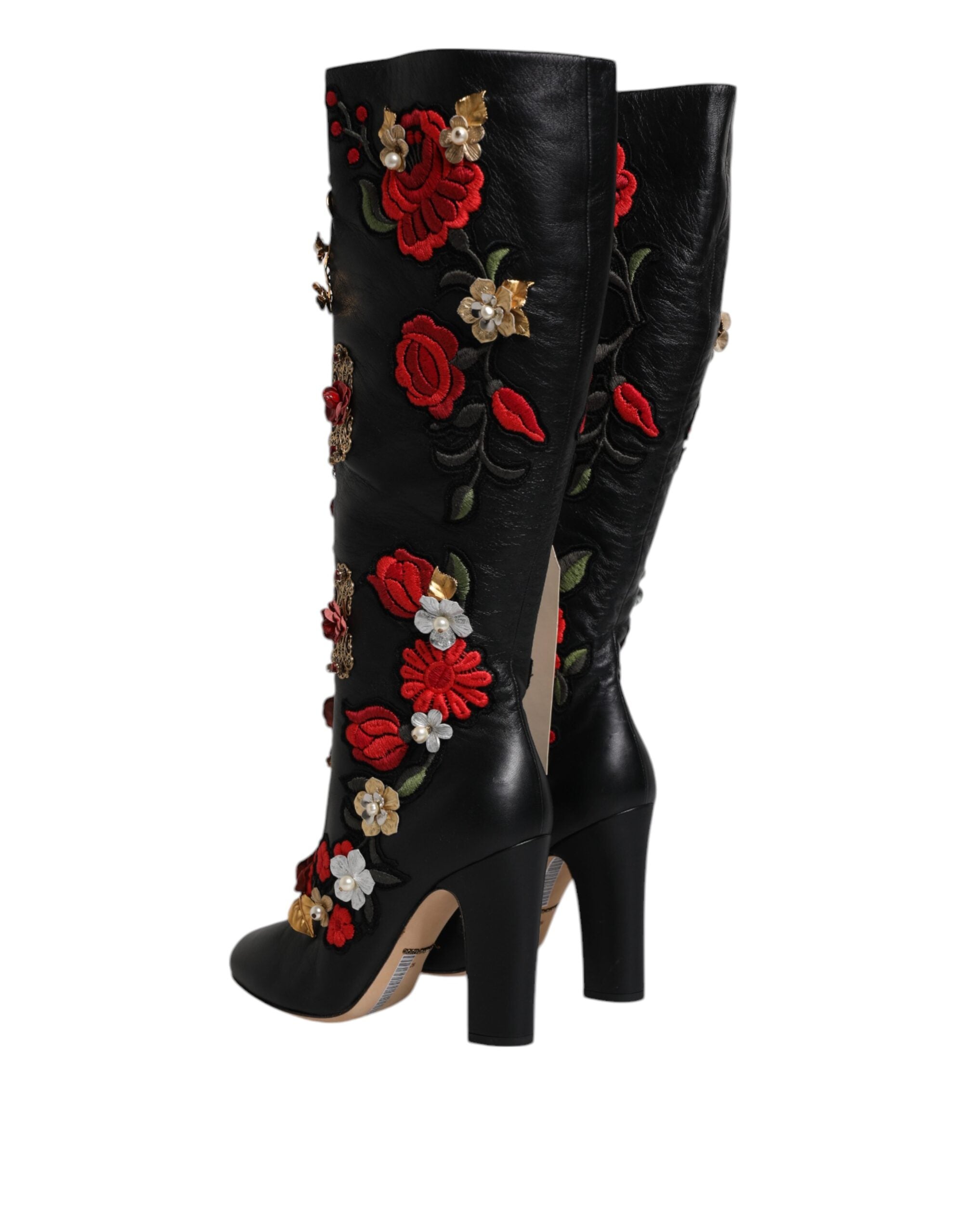 Dolce & Gabbana Black Roses Embellished Leather Heeled Boots Shoes-5