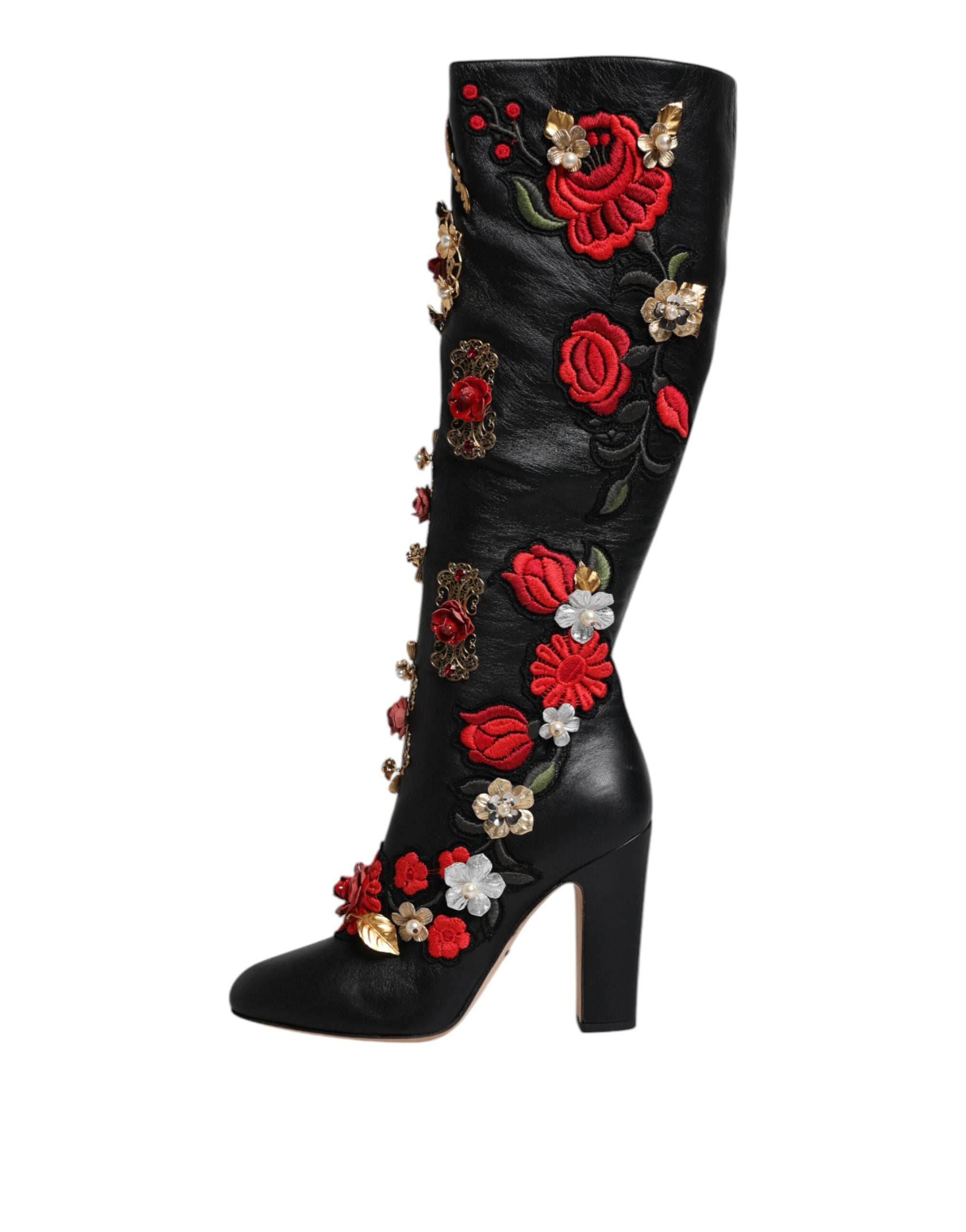Dolce & Gabbana Black Roses Embellished Leather Heeled Boots Shoes-6