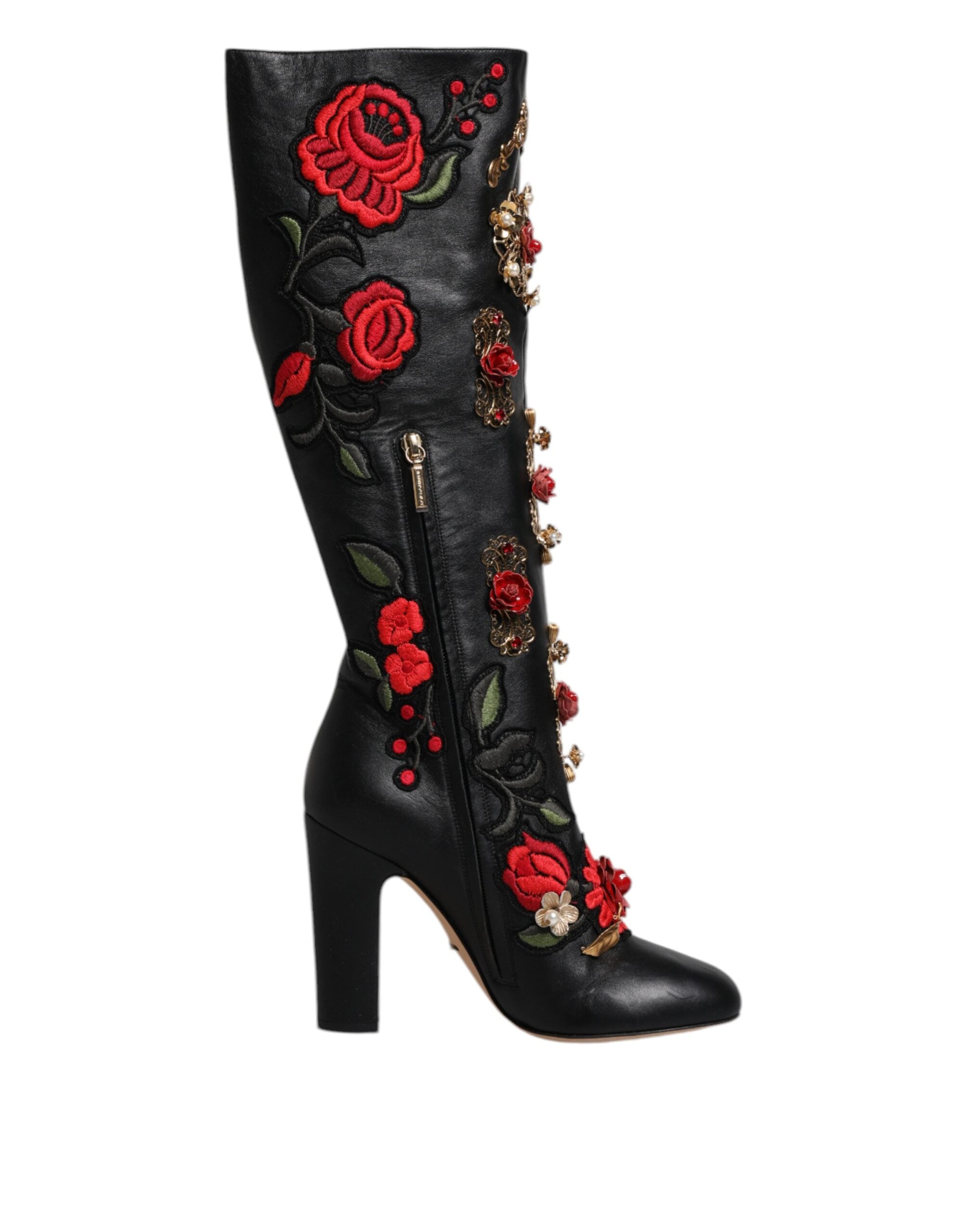 Dolce & Gabbana Black Roses Embellished Leather Heeled Boots Shoes
