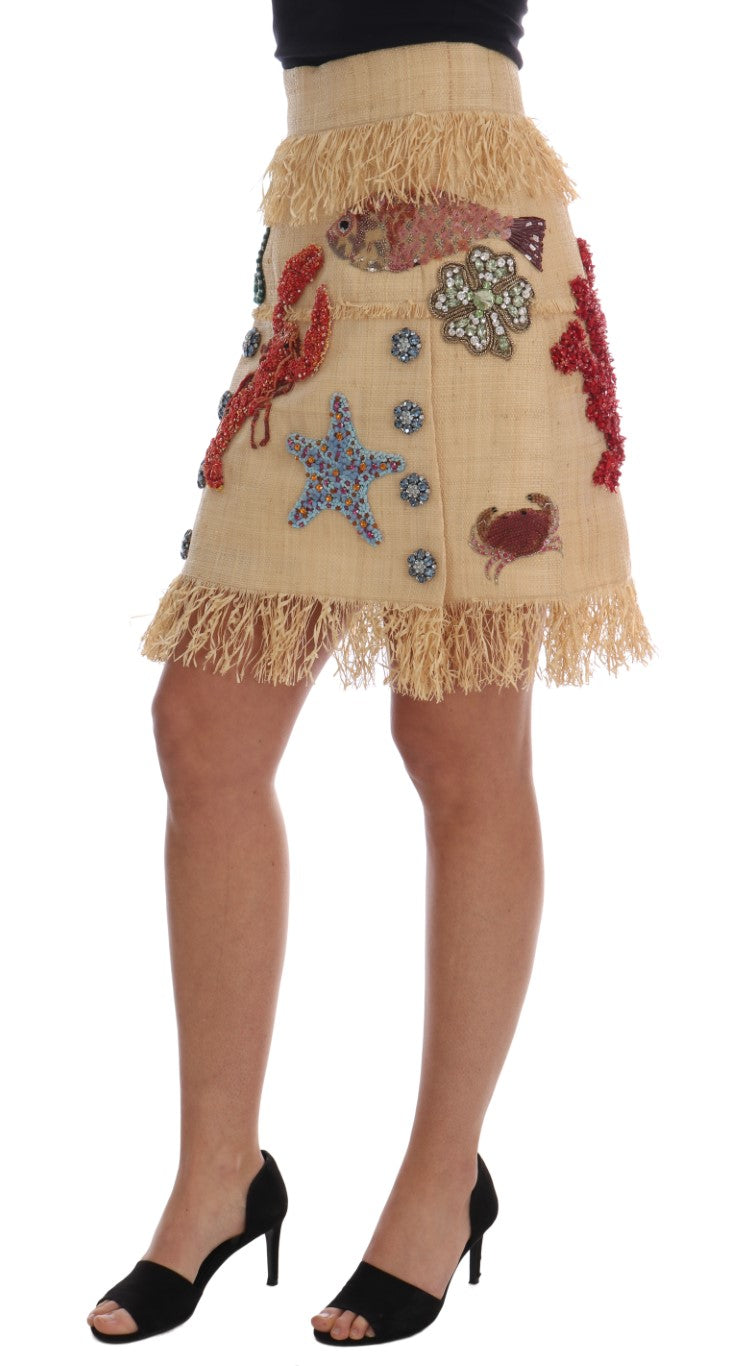 Dolce & Gabbana Crystal Beige Palm Fiber Skirt-2