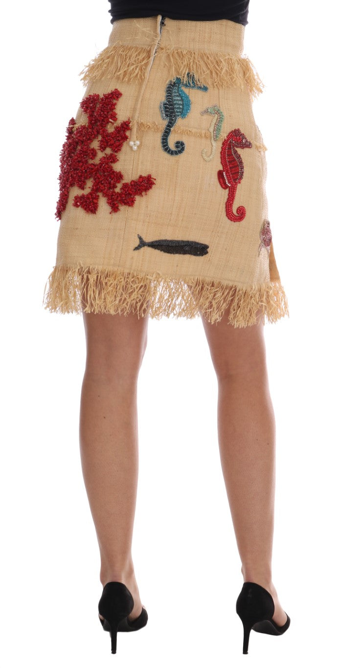 Dolce & Gabbana Crystal Beige Palm Fiber Skirt-3