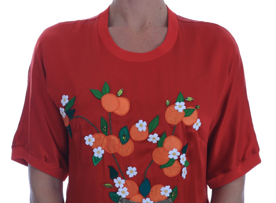 Dolce & Gabbana red silk blouse with orange blossom and crystal-3