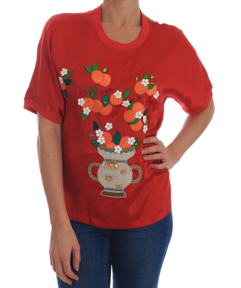 Dolce & Gabbana red silk blouse with orange blossom and crystal