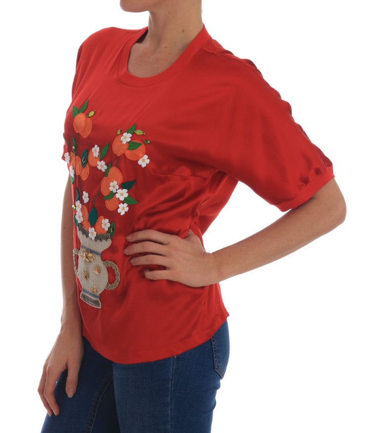 Dolce & Gabbana red silk blouse with orange blossom and crystal-5