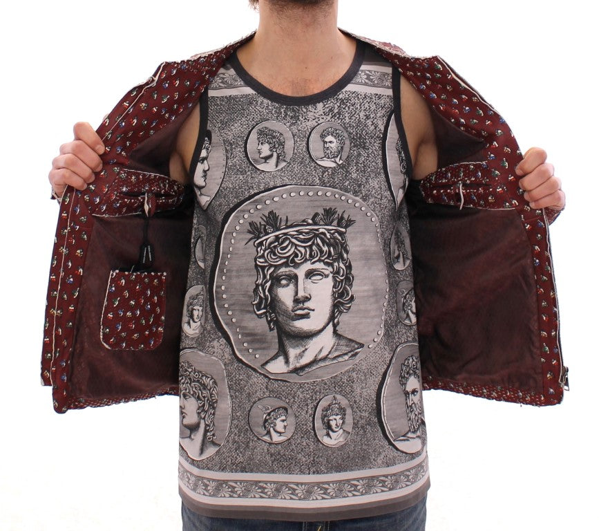 Dolce & Gabbana Bordeaux Leather Boxer Print Jacket Coat-6