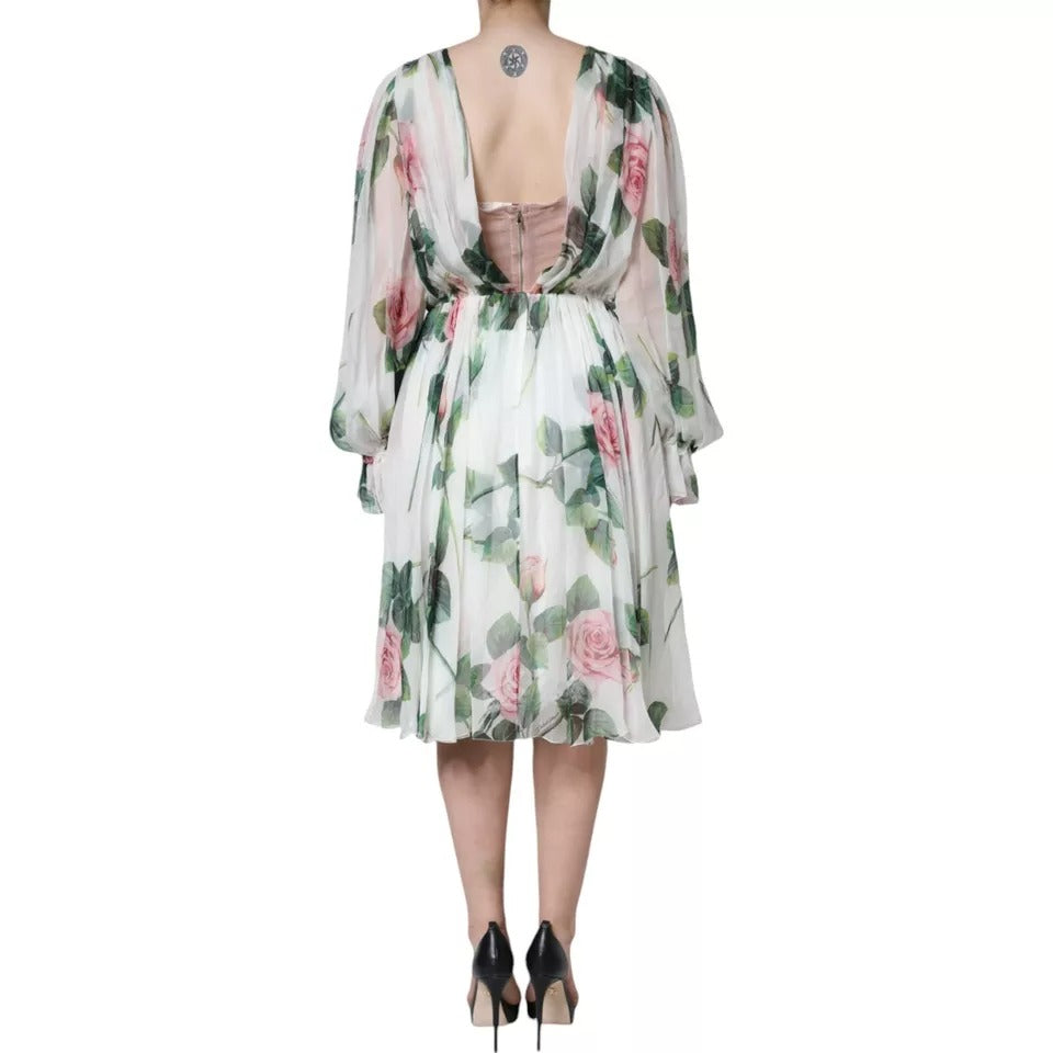Vestido midi de seda con estampado floral en blanco de Dolce & Gabbana-2