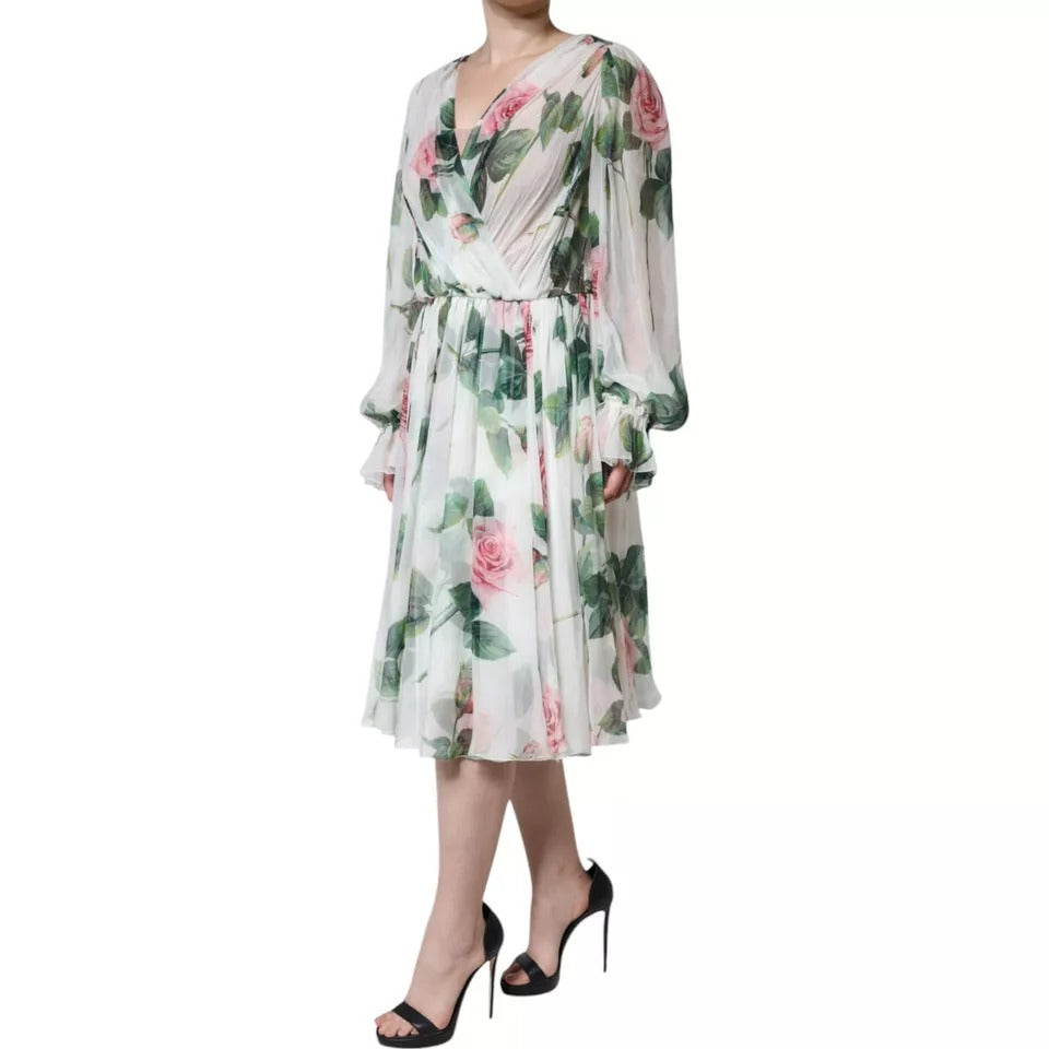 Vestido midi de seda con estampado floral en blanco de Dolce & Gabbana-3