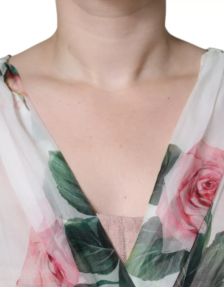 Vestido midi de seda con estampado floral en blanco de Dolce & Gabbana-7