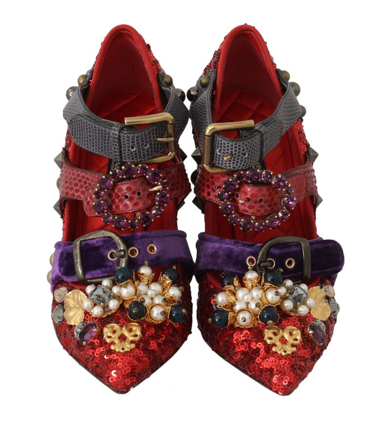 Dolce & Gabbana Rote Pailletten-Kristall-Nieten-Absätze Schuhe-5