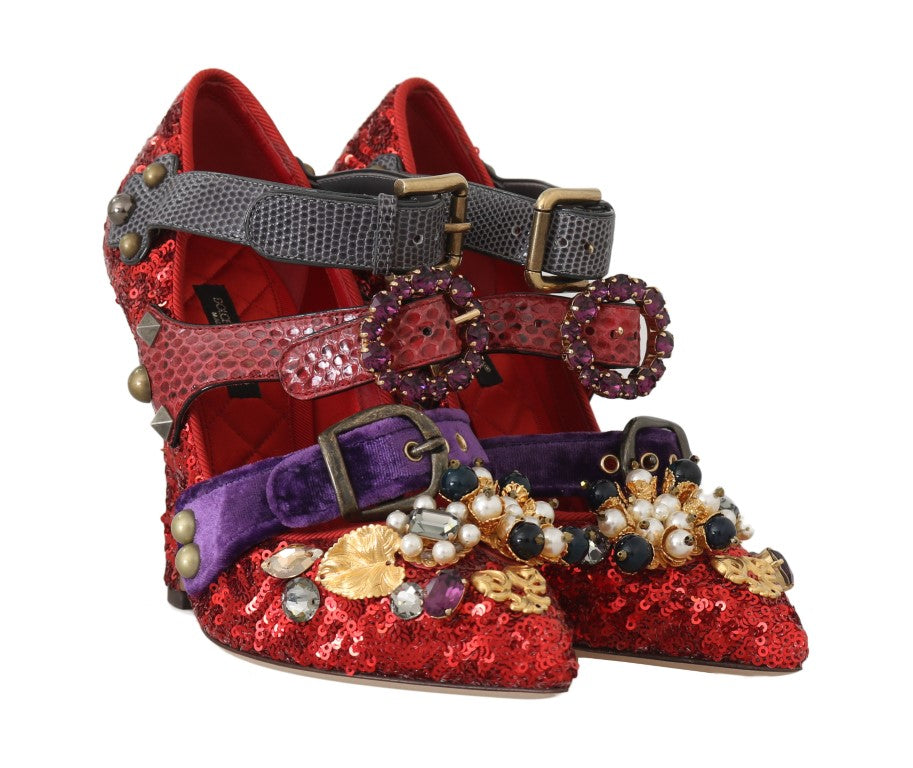 Dolce & Gabbana Rote Pailletten-Kristall-Nieten-Absätze Schuhe-6