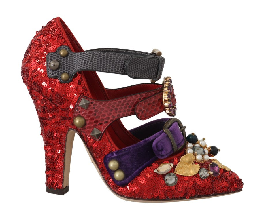 Dolce & Gabbana Red Sequin Crystal Studded Heel Shoes
