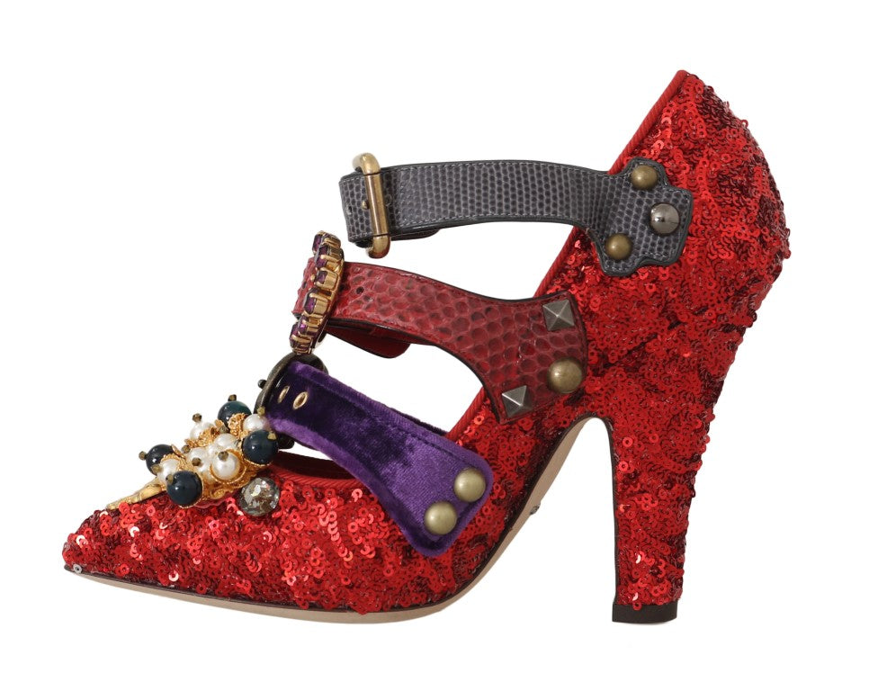 Dolce & Gabbana Rote Pailletten-Kristall-Nieten-Absätze Schuhe-8