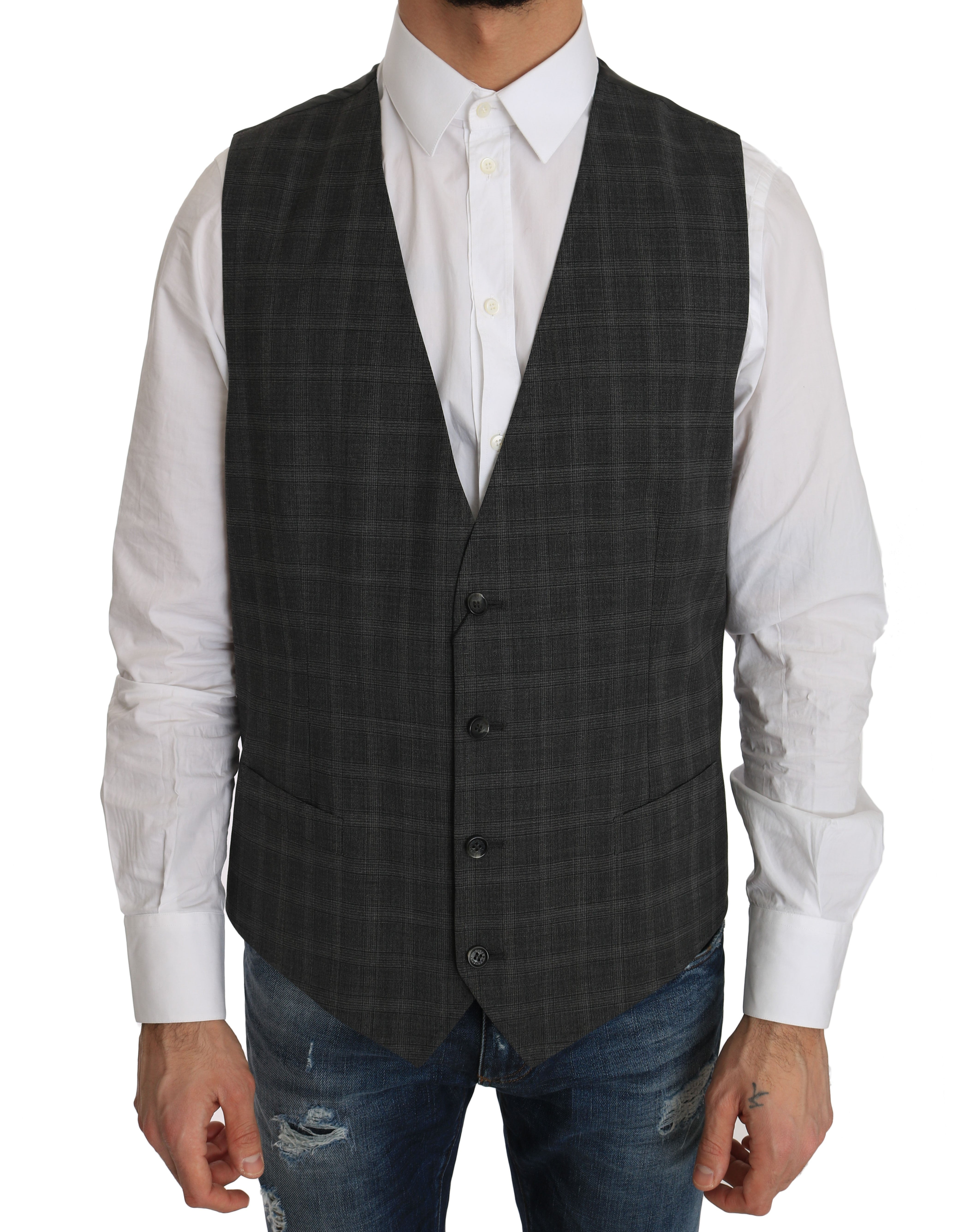 Dolce & Gabbana Grey Wool STAFF Checkered Stretch Vest-1