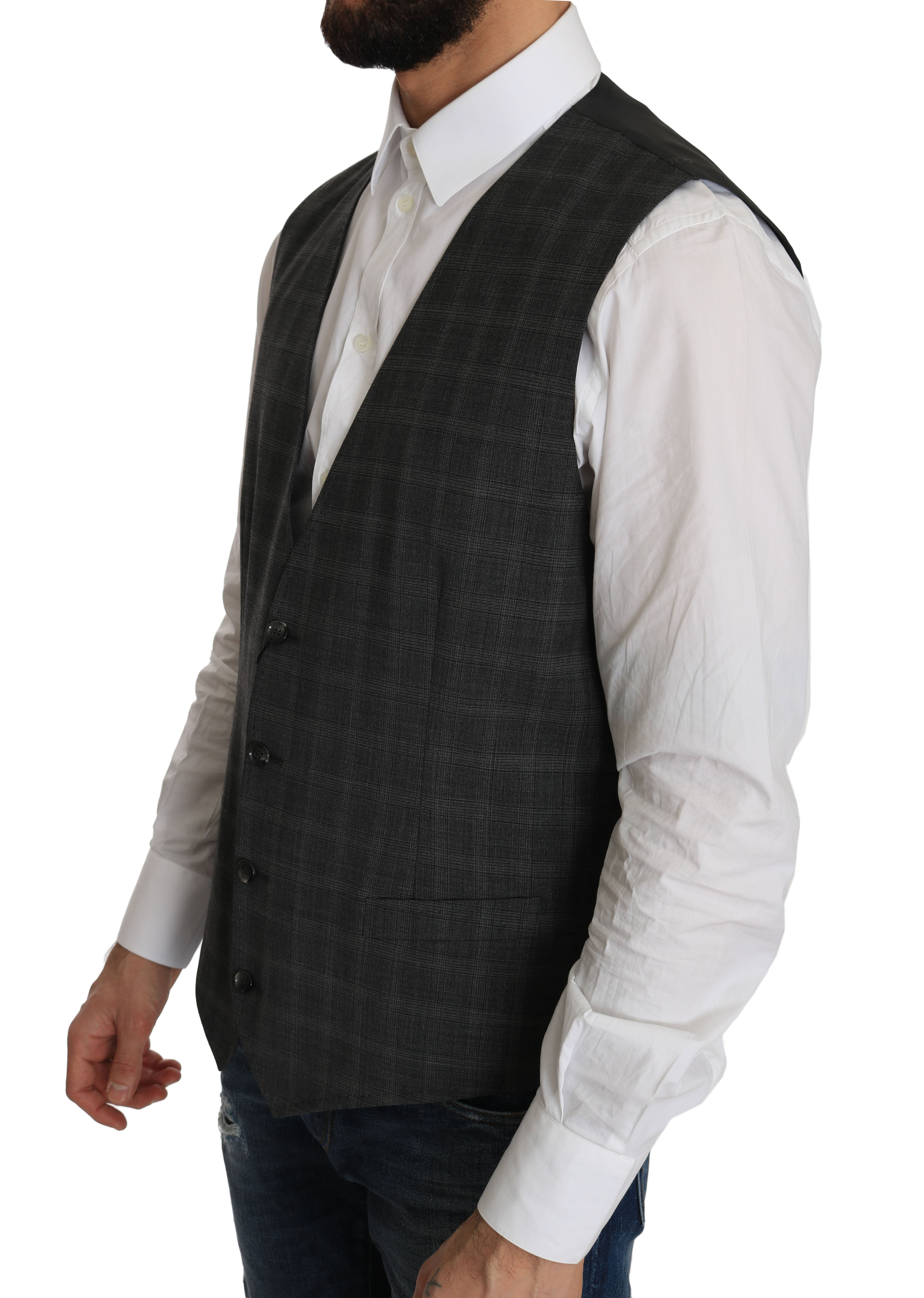 Dolce & Gabbana Grey Wool STAFF Checkered Stretch Vest-4