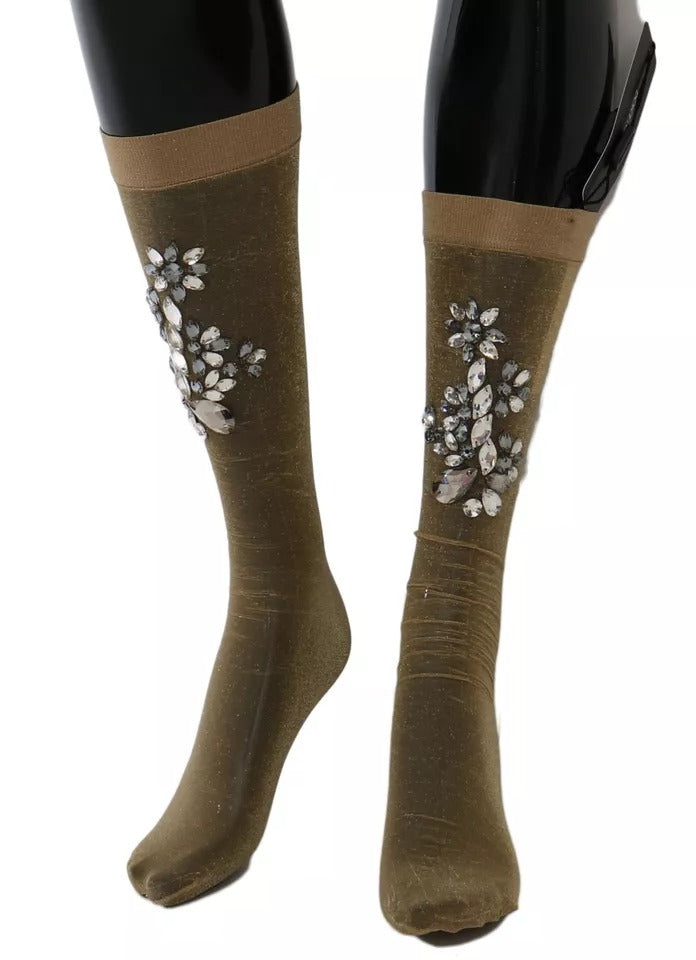 Dolce & Gabbana Gold Stretch Floral Clear Crystal Stocking Socks-2