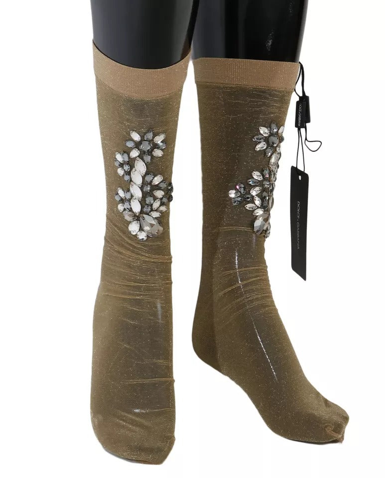 Dolce & Gabbana Gold Stretch Floral Clear Crystal Stocking Socks-3