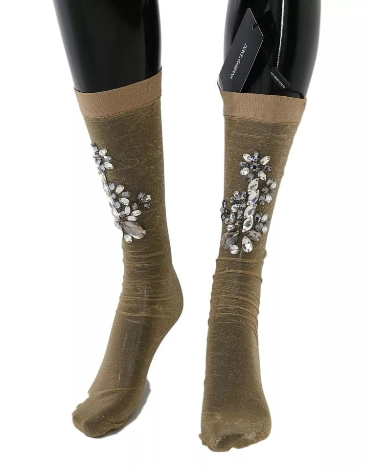 Dolce & Gabbana Gold Stretch Floral Clear Crystal Stocking Socks-4