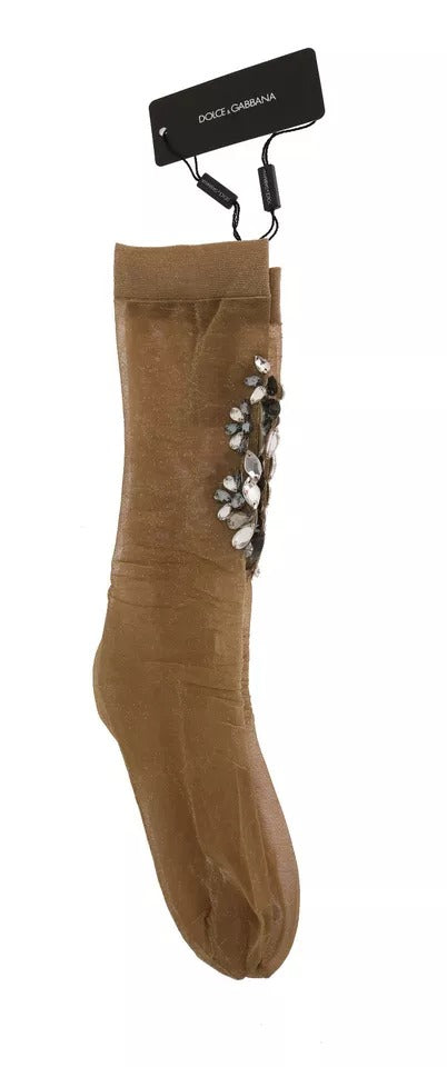 Dolce & Gabbana Gold Stretch Floral Clear Crystal Stocking Socks-5