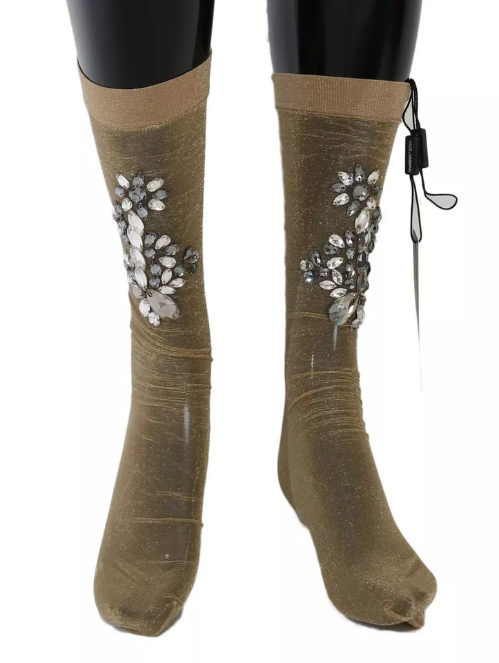 Dolce & Gabbana Gold Stretch Floral Clear Crystal Stocking Socks-6