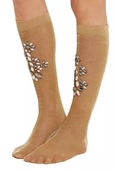 Dolce & Gabbana Gold Stretch Floral Clear Crystal Stocking Socks-7