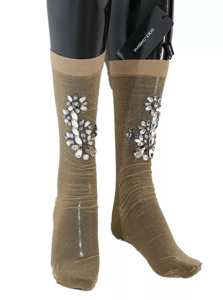 Dolce & Gabbana Gold Stretch Floral Clear Crystal Stocking Socks-1