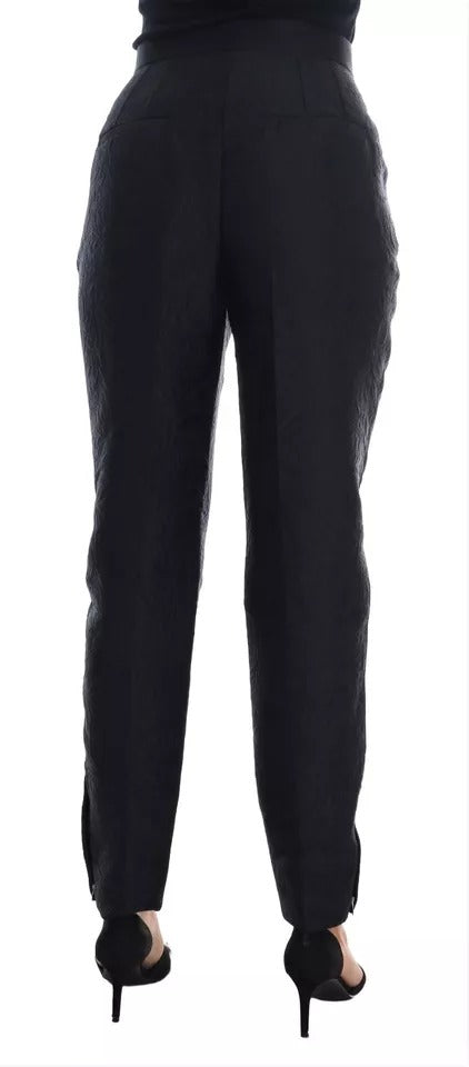 Dolce & Gabbana Pantalón de brocado negro con cintura alta y estampado floral-4