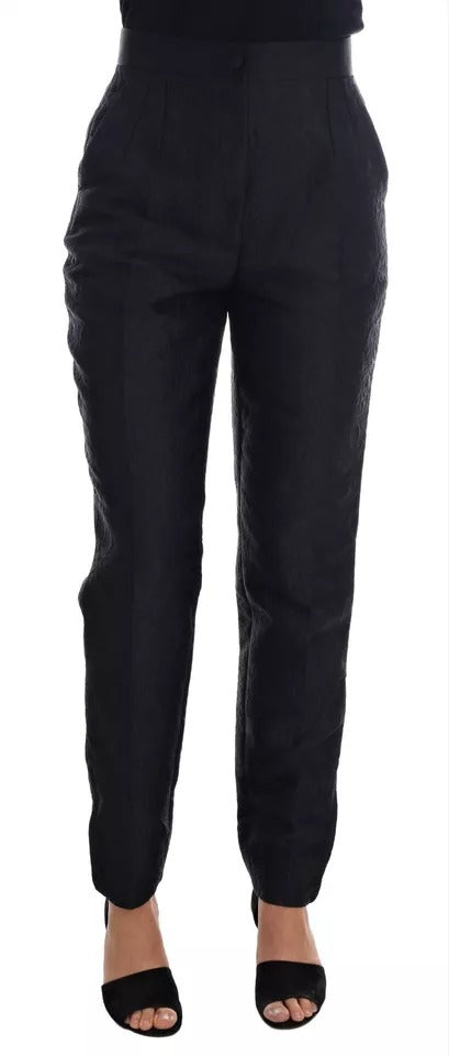 Dolce & Gabbana Pantalón de brocado negro con cintura alta y estampado floral-1