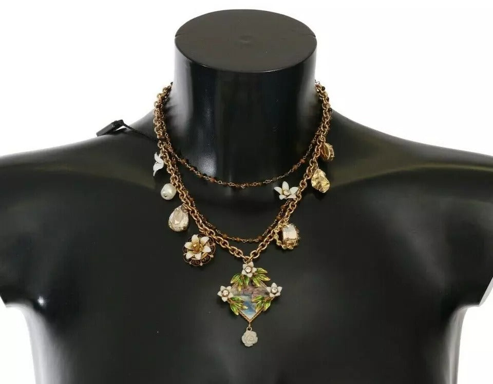 Dolce & Gabbana Gold Messing Kristall Floral Statement Charms Halskette-1