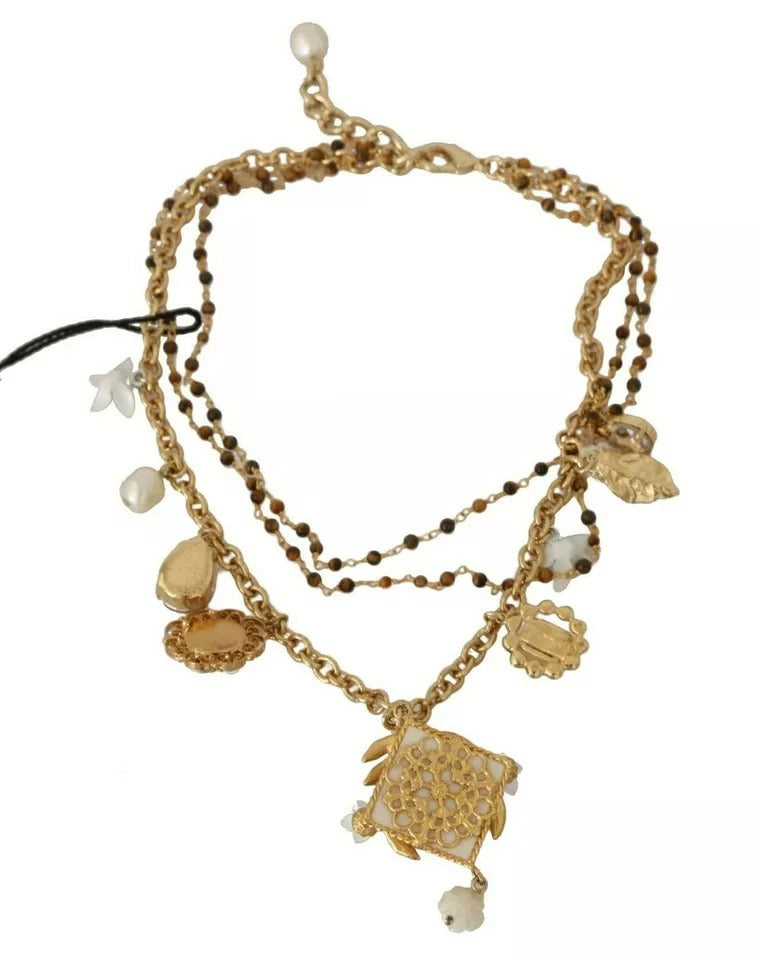 Dolce & Gabbana Gold Messing Kristall Floral Statement Charms Halskette-3