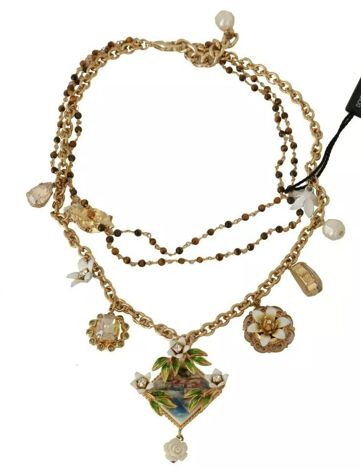 Dolce & Gabbana Gold Messing Kristall Floral Statement Charms Halskette-4