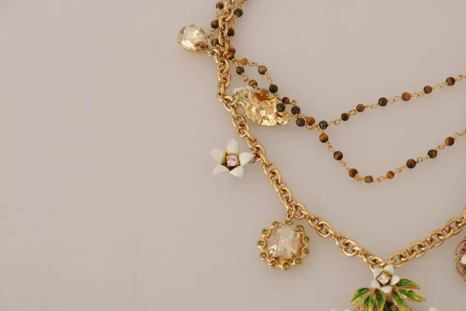 Dolce & Gabbana Gold Messing Kristall Floral Statement Charms Halskette-5