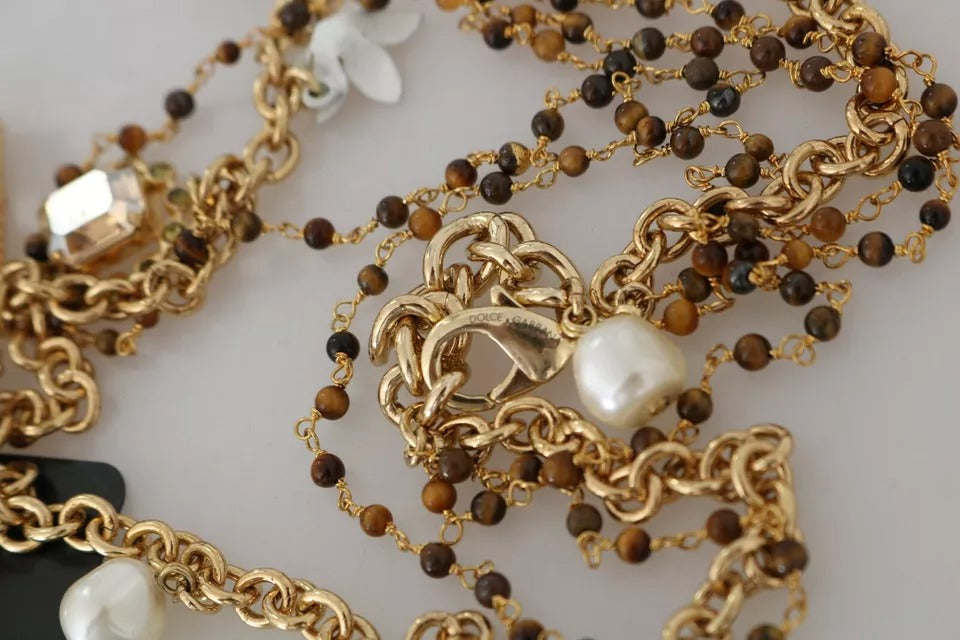 Dolce & Gabbana Gold Messing Kristall Floral Statement Charms Halskette-6