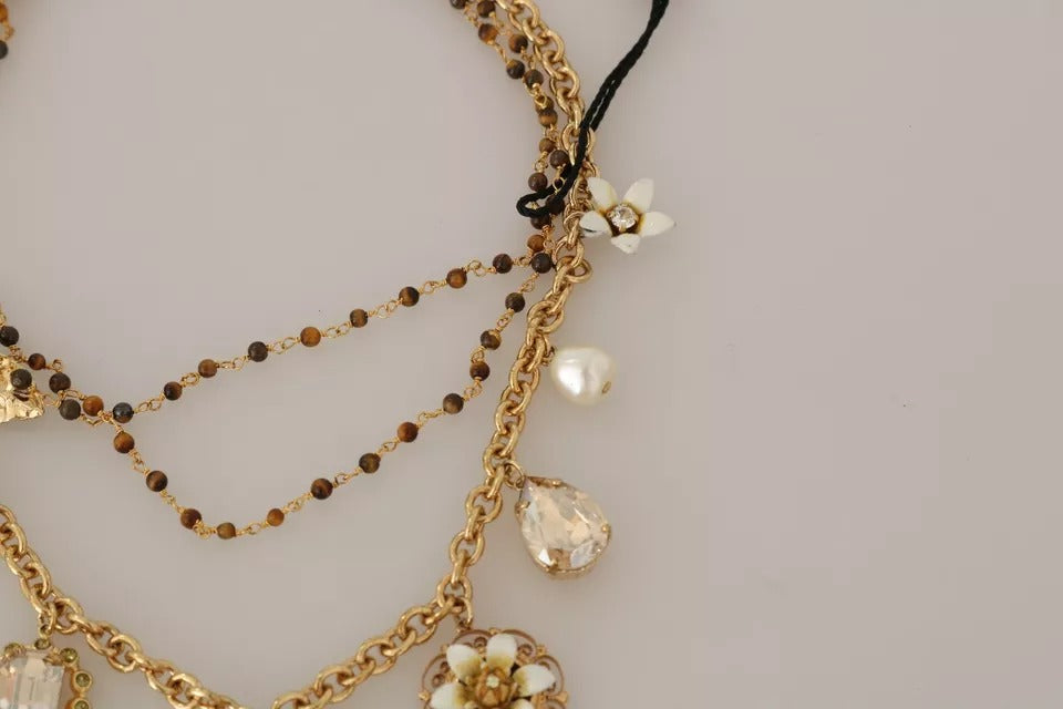 Dolce & Gabbana Gold Messing Kristall Floral Statement Charms Halskette-7