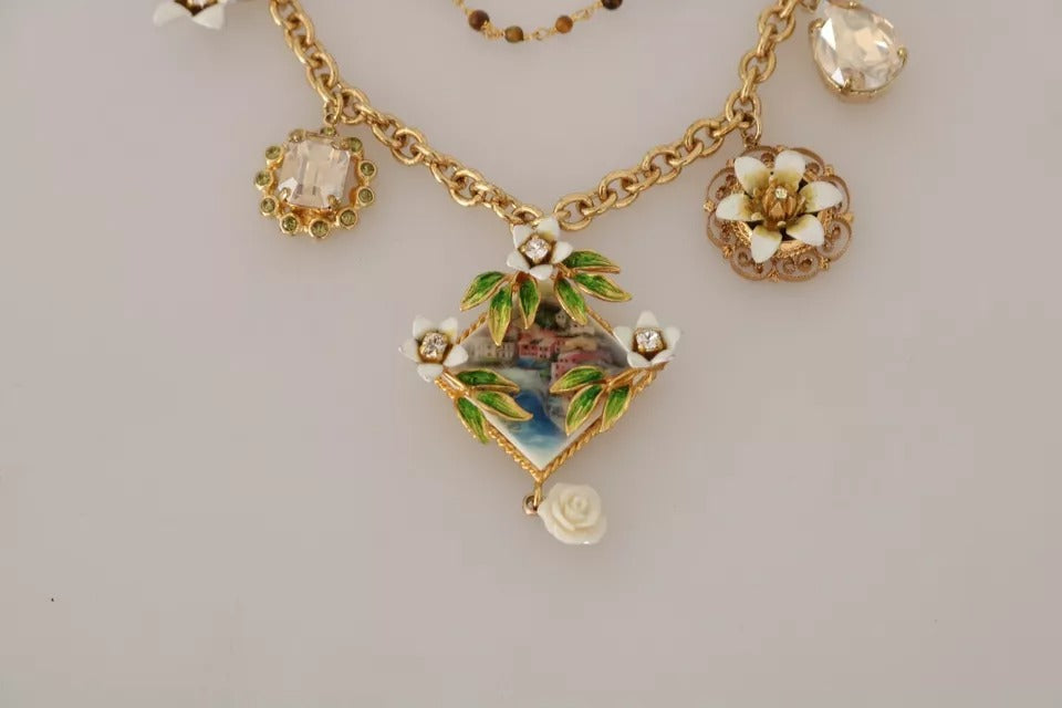 Dolce & Gabbana Gold Messing Kristall Floral Statement Charms Halskette-8