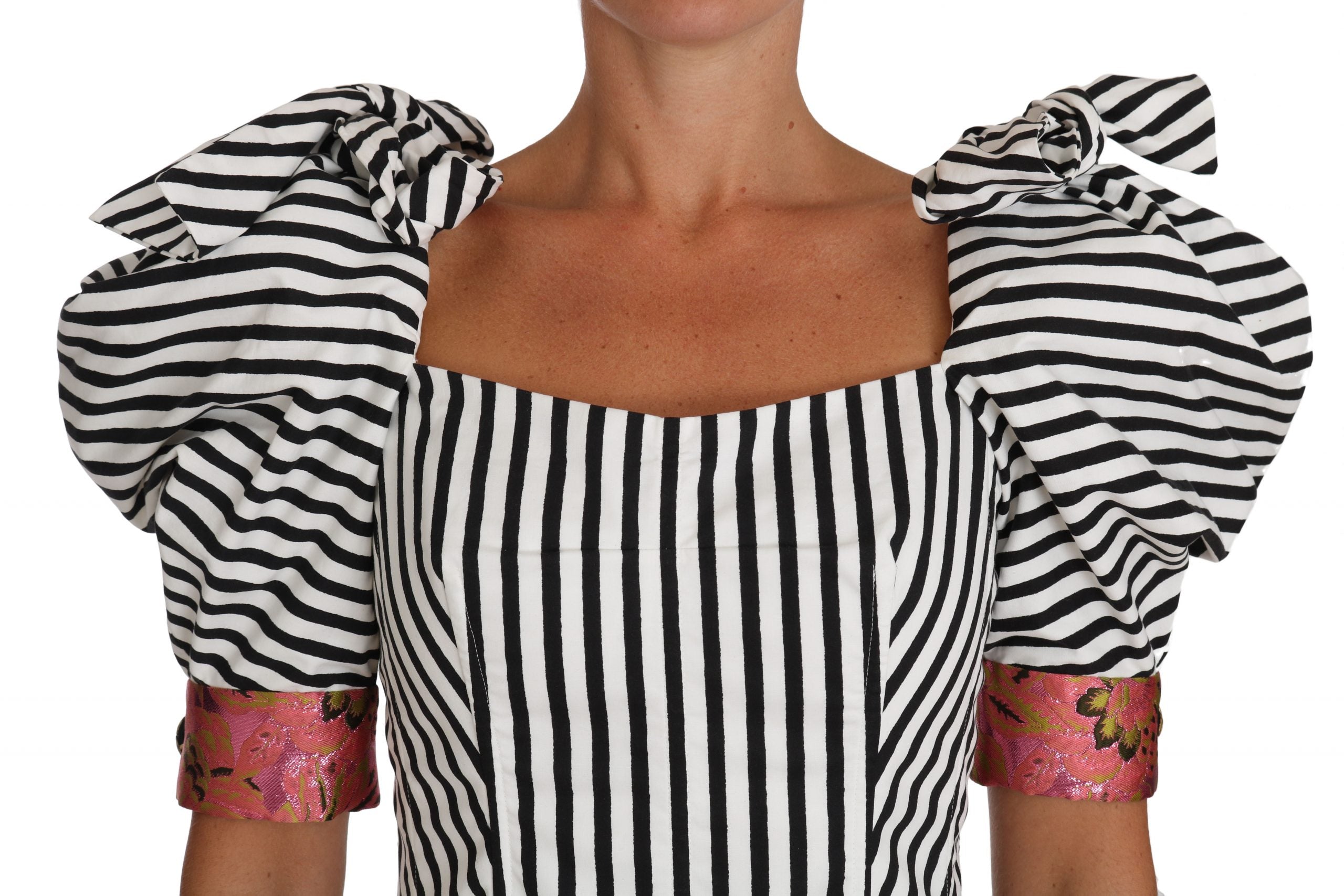 Dolce & Gabbana White and Black Striped Cropped Top with Puff Sleeves-2