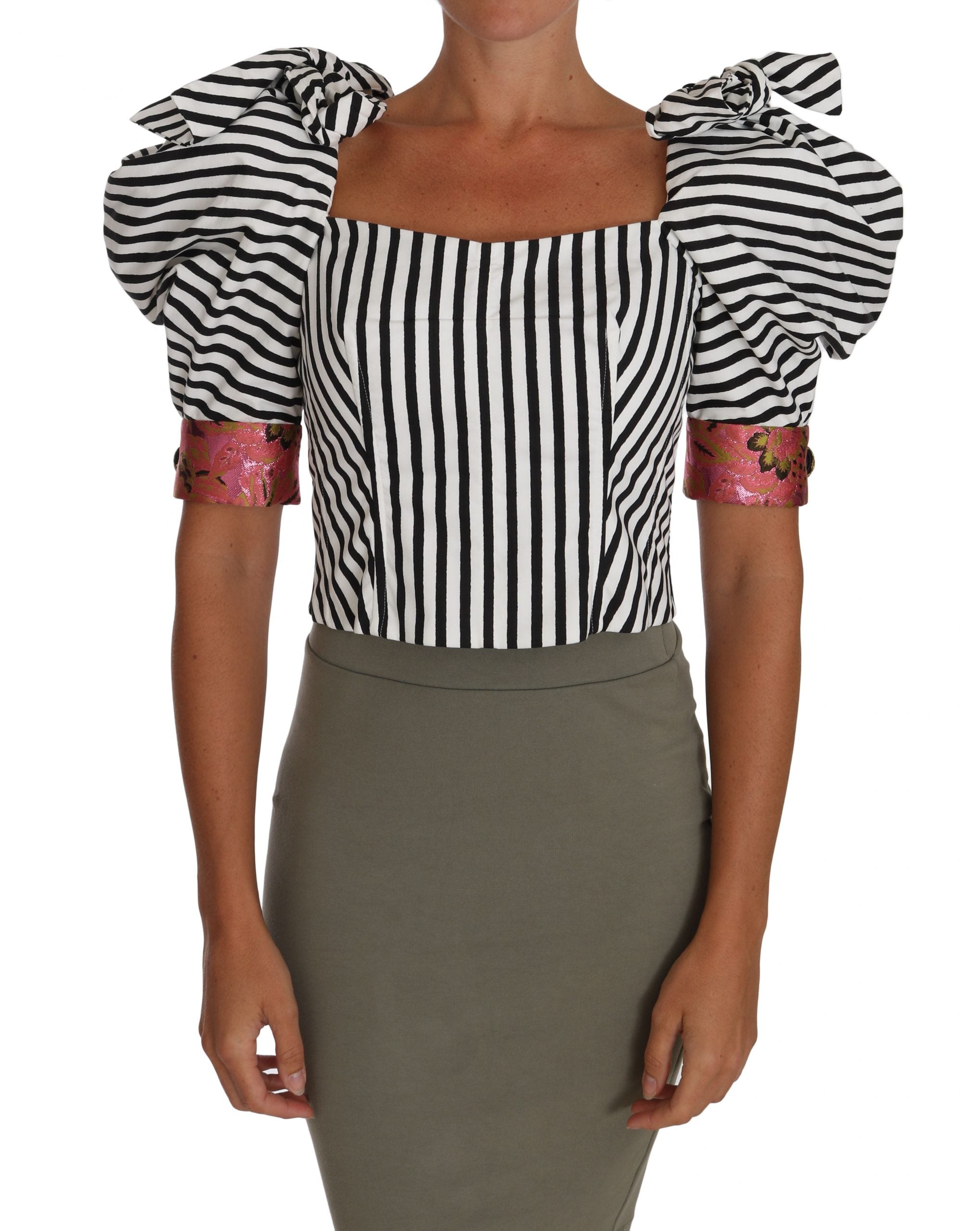 Dolce & Gabbana White and Black Striped Cropped Top with Puff Sleeves-1