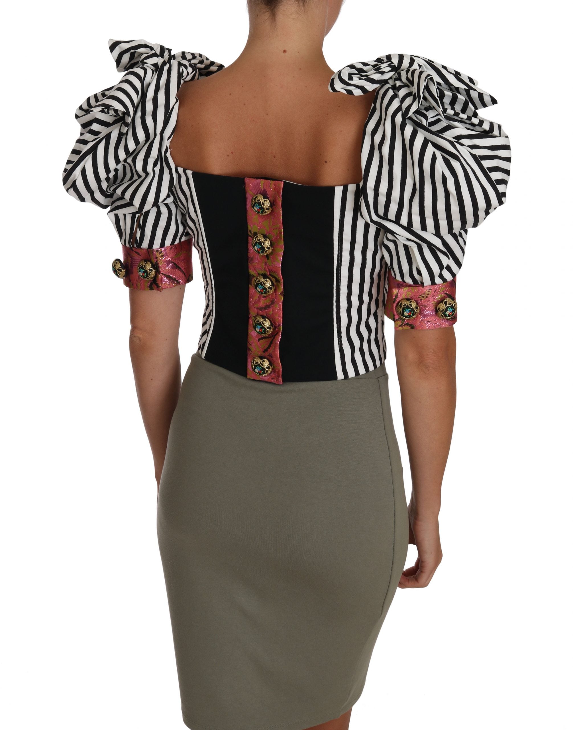 Dolce & Gabbana White and Black Striped Cropped Top with Puff Sleeves-4
