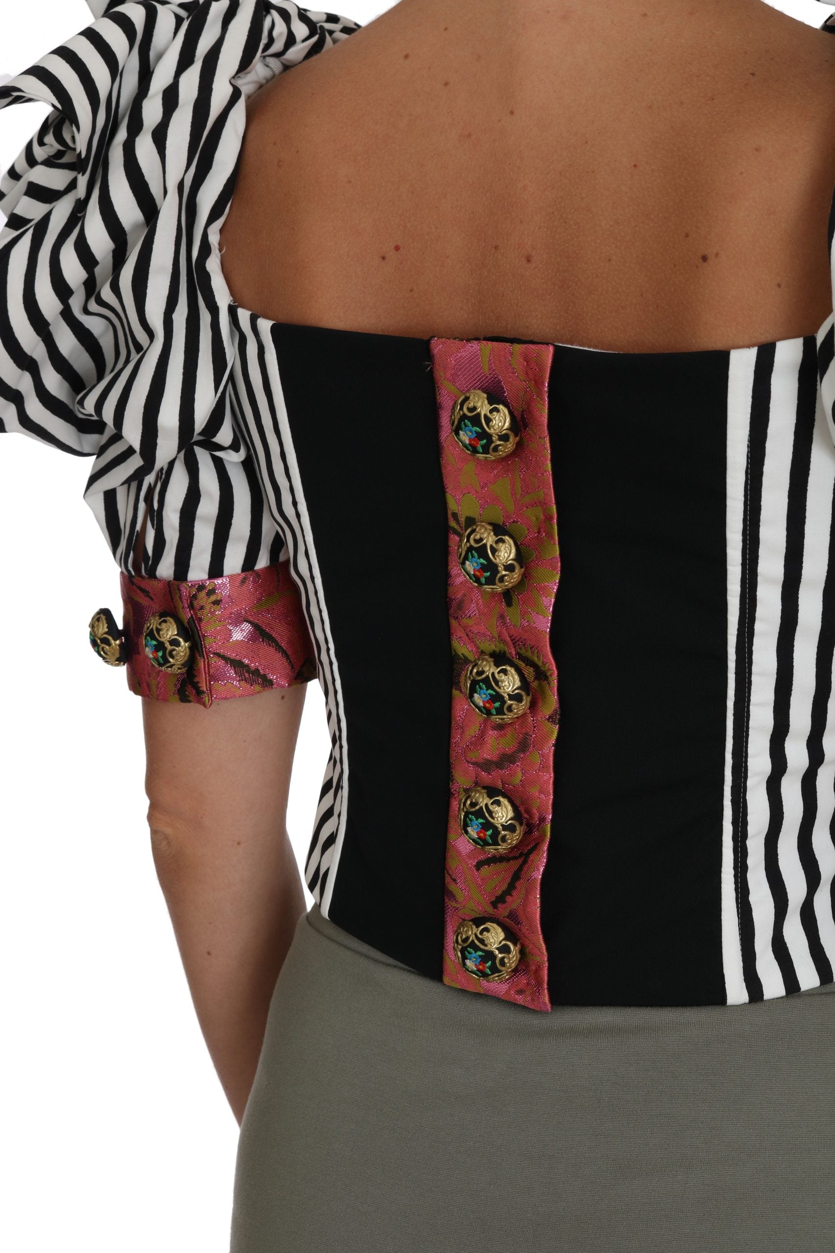 Dolce & Gabbana White and Black Striped Cropped Top with Puff Sleeves-5