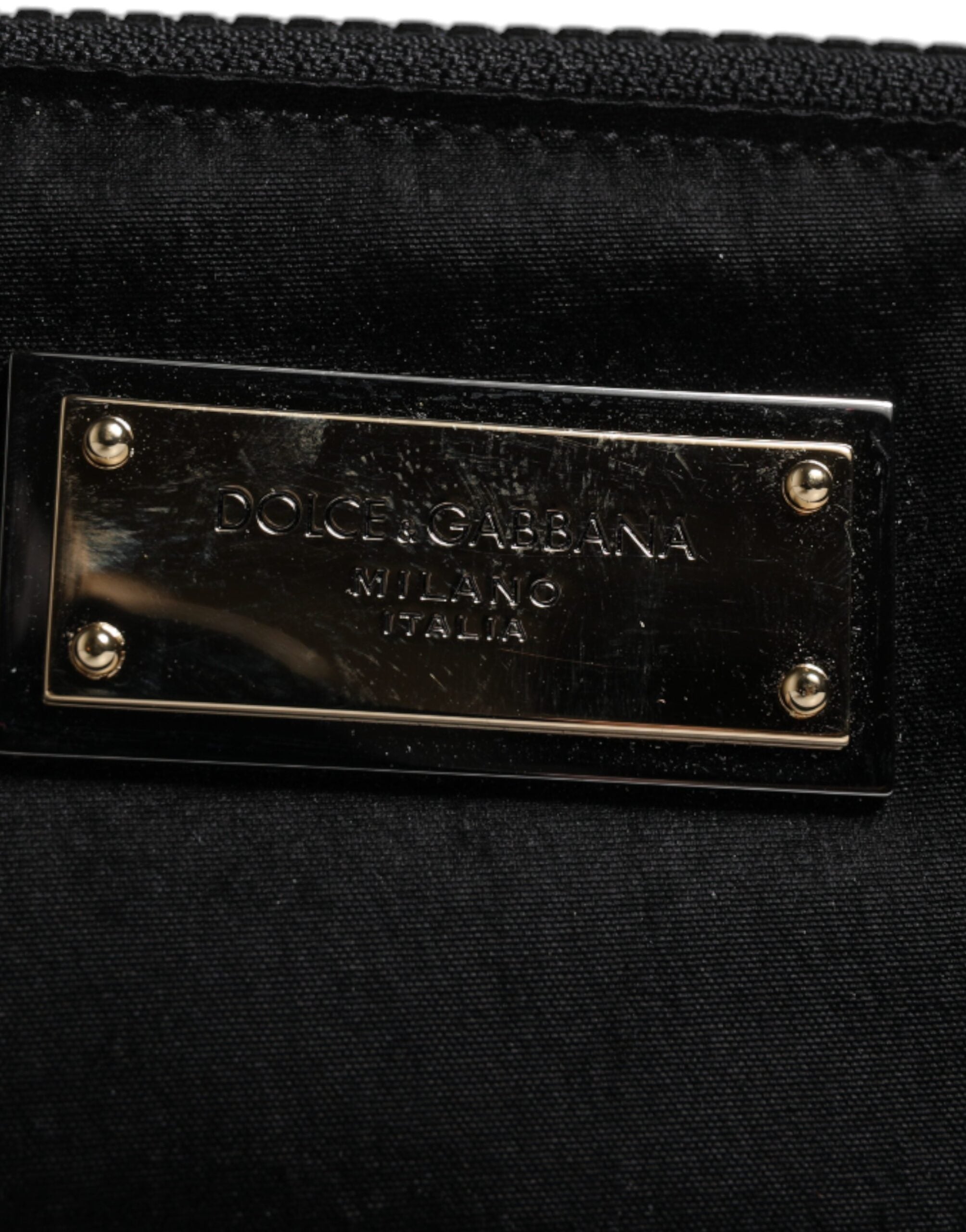Bolso de mano con llavero y placa del logotipo de nailon negro de Dolce & Gabbana-4