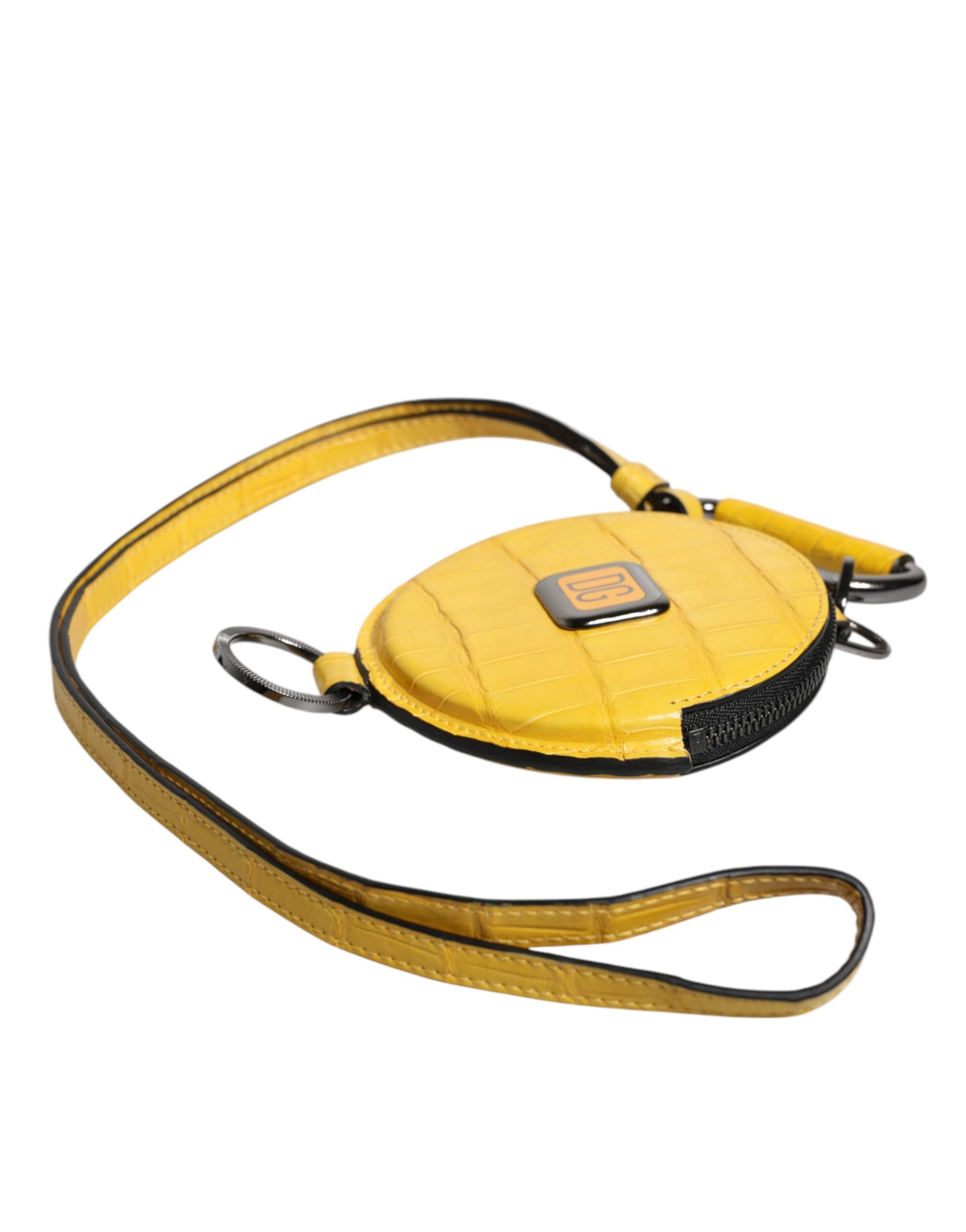 Dolce & Gabbana Yellow Round Leather DG Logo Coin Purse Lanyard Wallet-5