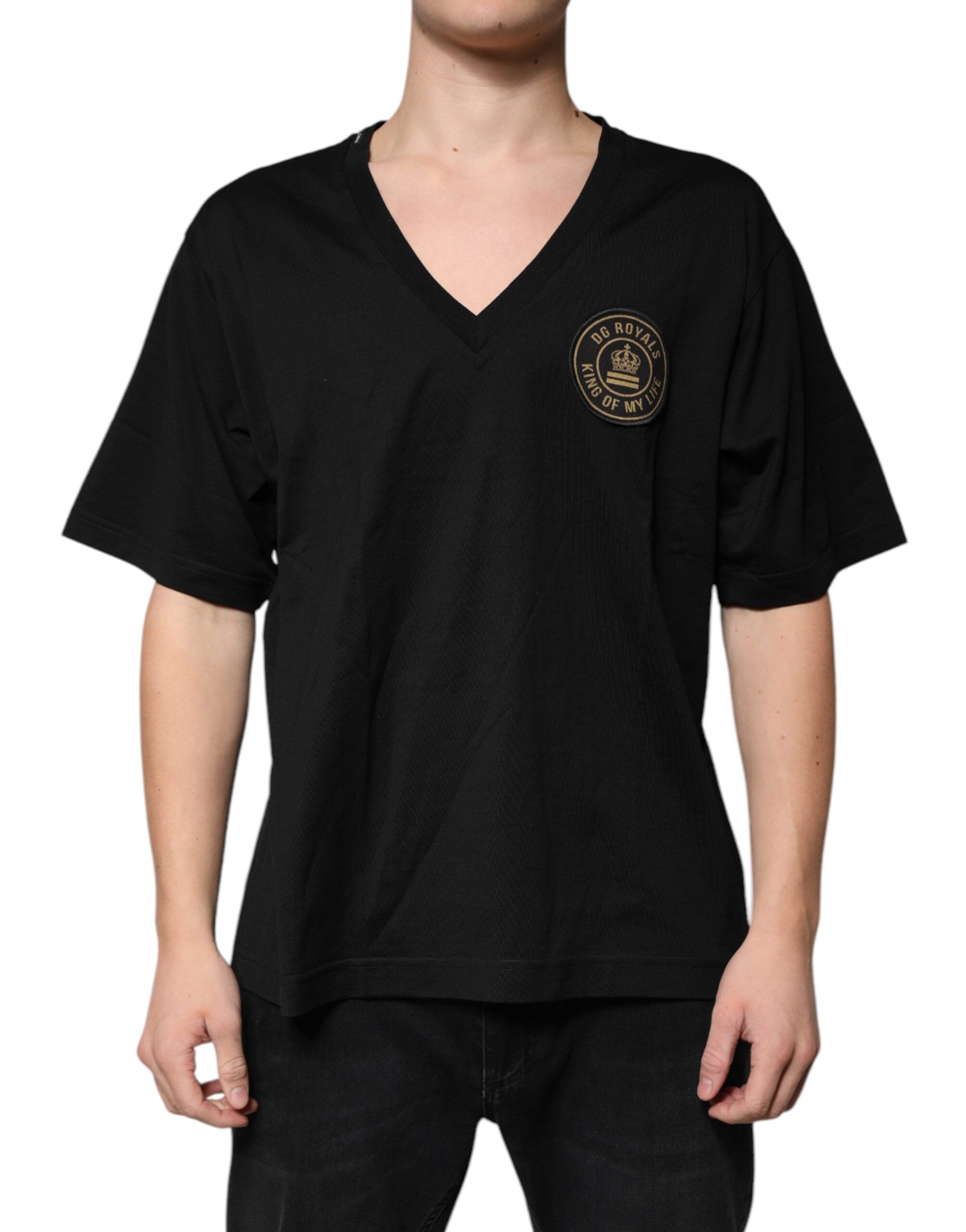 Dolce & Gabbana Schwarzes Baumwoll-Logo-T-Shirt mit V-Ausschnitt und kurzen Ärmeln-1
