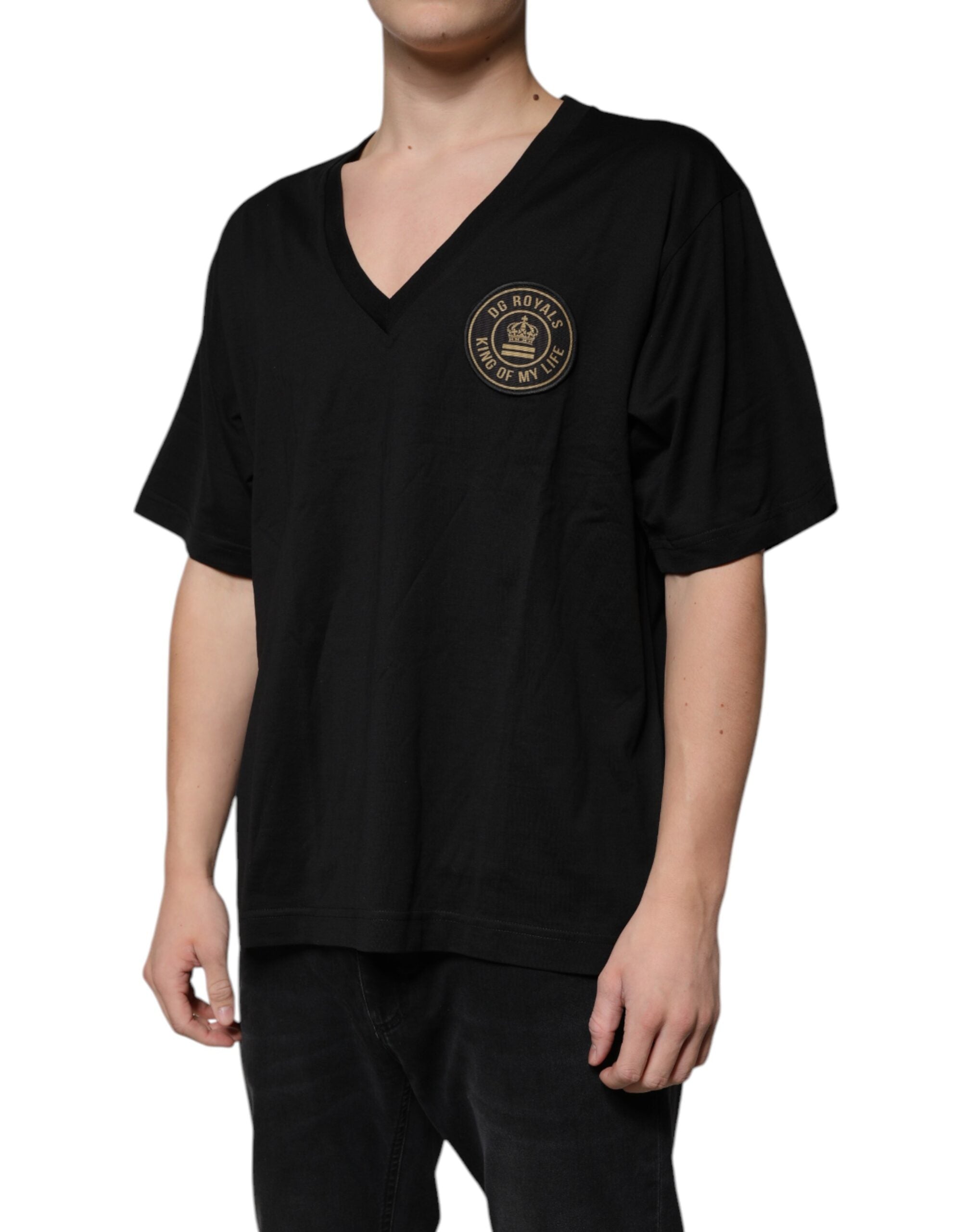 Dolce & Gabbana Schwarzes Baumwoll-Logo-T-Shirt mit V-Ausschnitt und kurzen Ärmeln-3