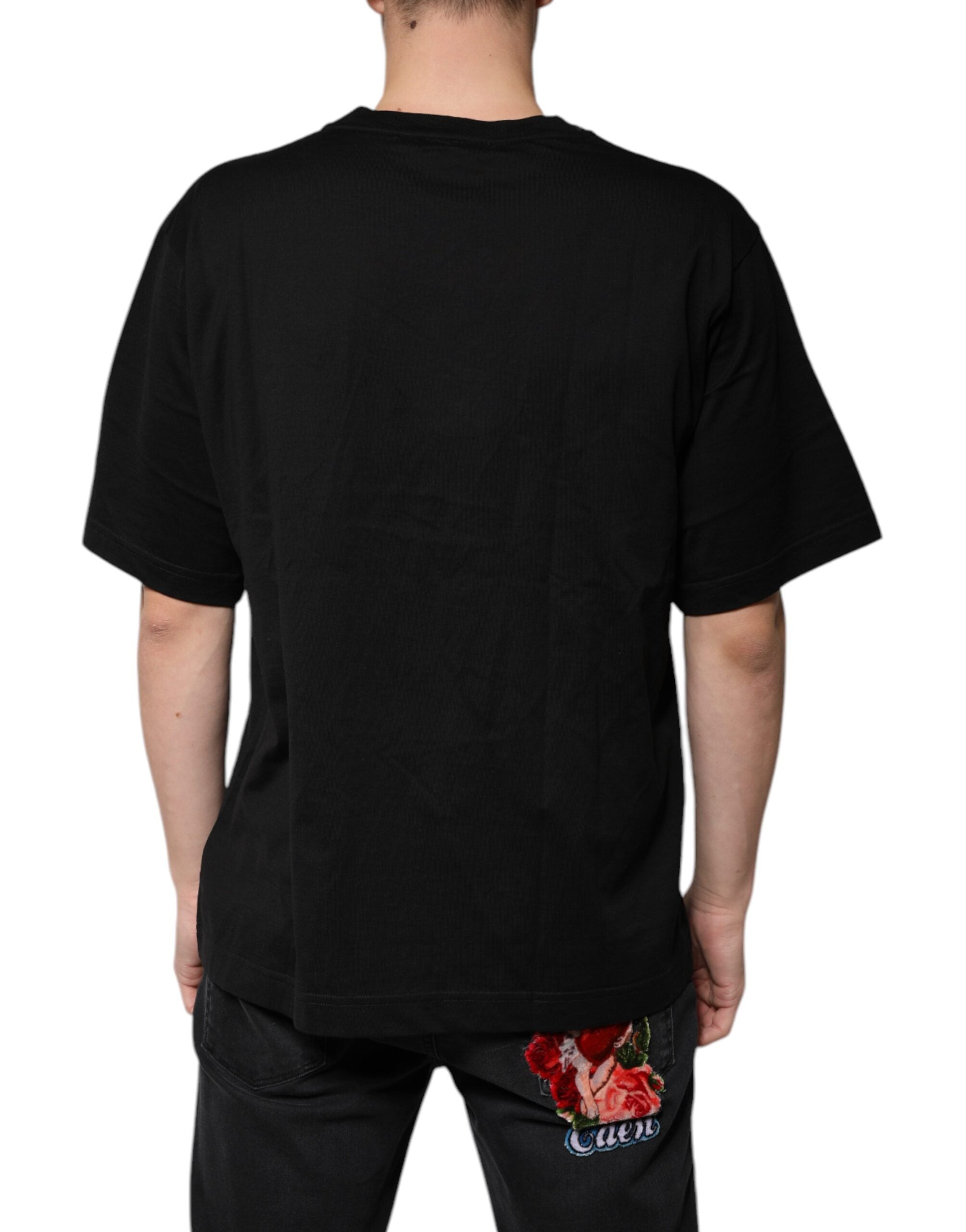 Dolce & Gabbana Schwarzes Baumwoll-Logo-T-Shirt mit V-Ausschnitt und kurzen Ärmeln-4