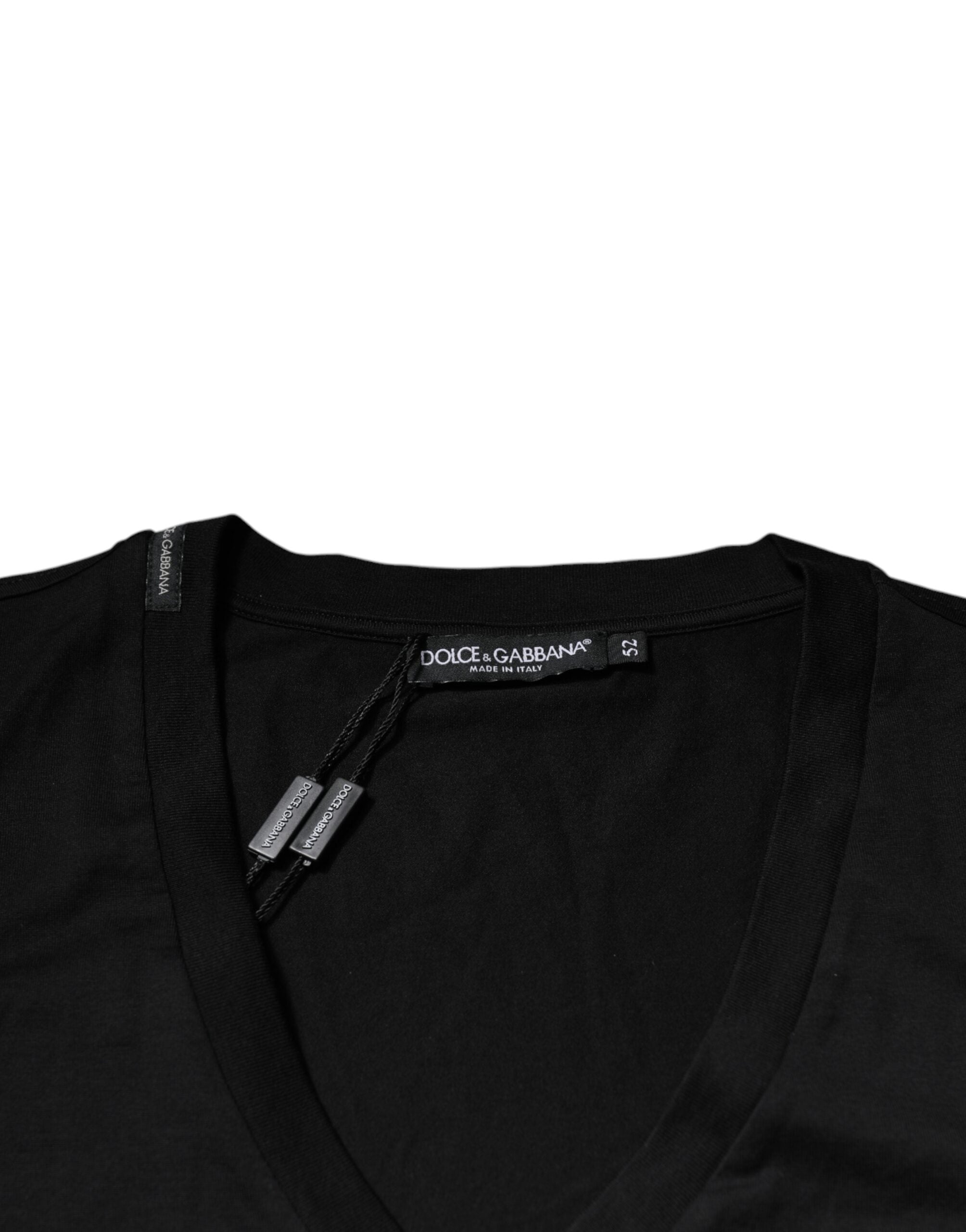 Dolce & Gabbana Schwarzes Baumwoll-Logo-T-Shirt mit V-Ausschnitt und kurzen Ärmeln-7