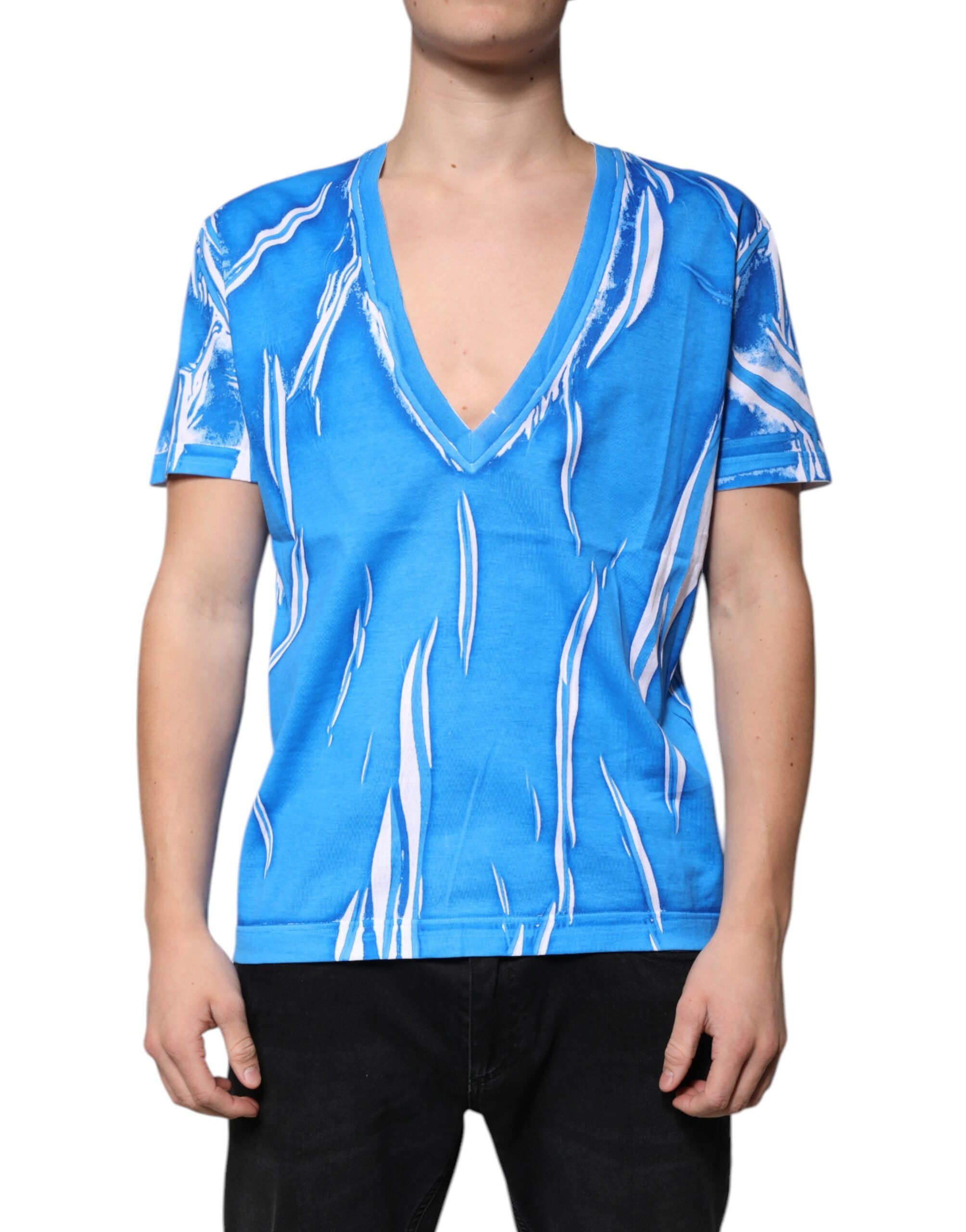 Dolce & Gabbana blue cotton T-shirt with V-neck and short sleeves-2