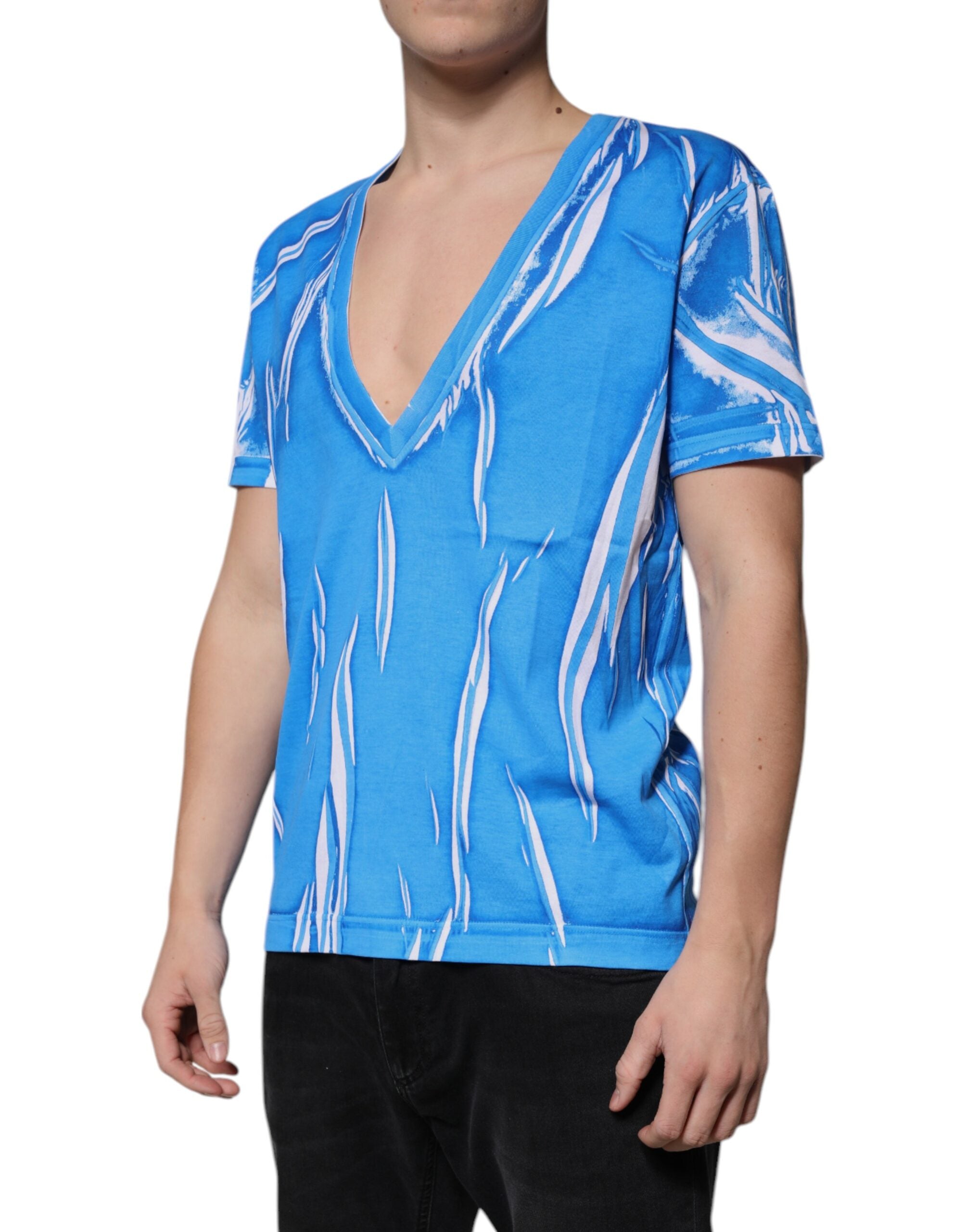 Dolce & Gabbana blue cotton T-shirt with V-neck and short sleeves-3