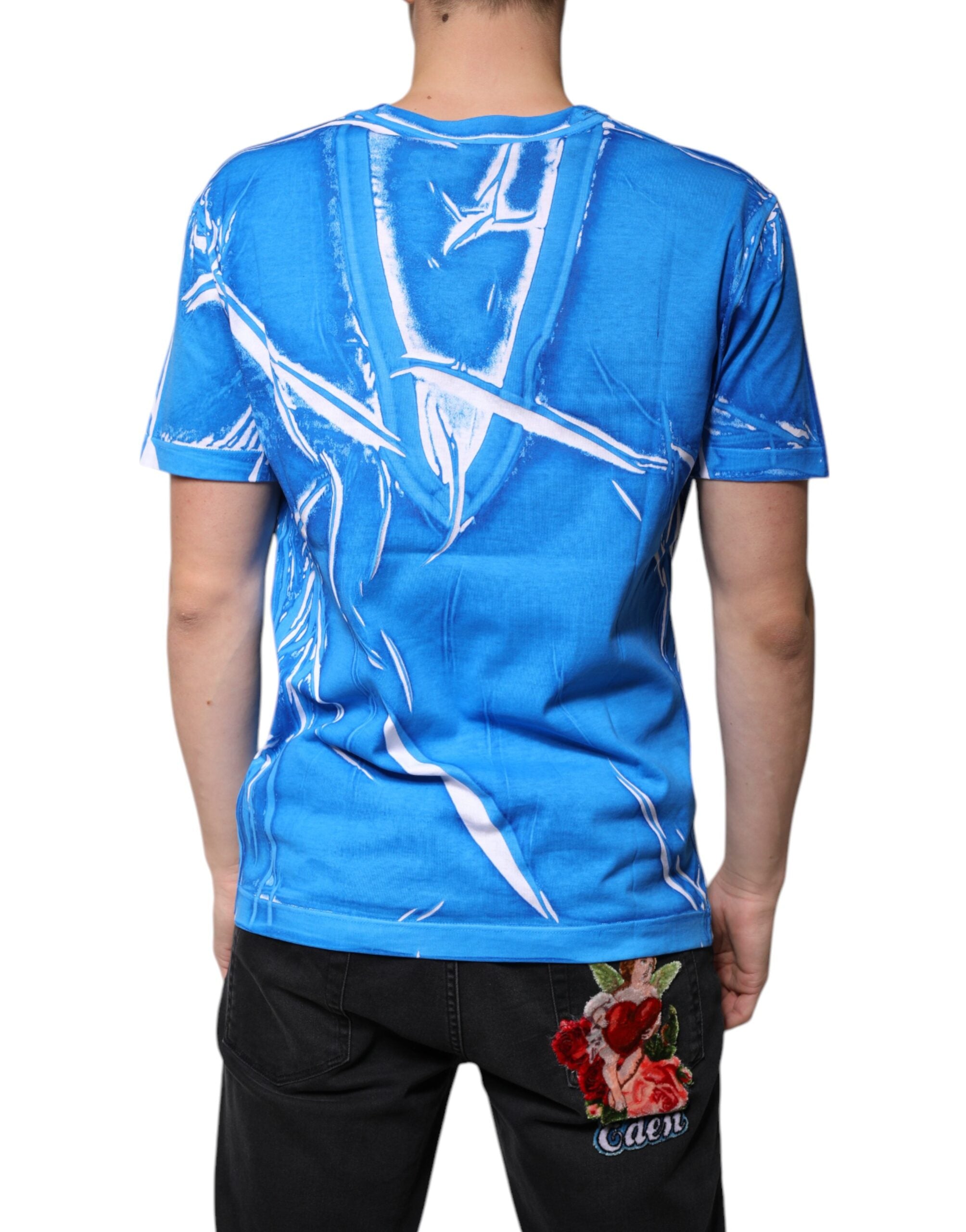 Dolce & Gabbana blue cotton T-shirt with V-neck and short sleeves-4